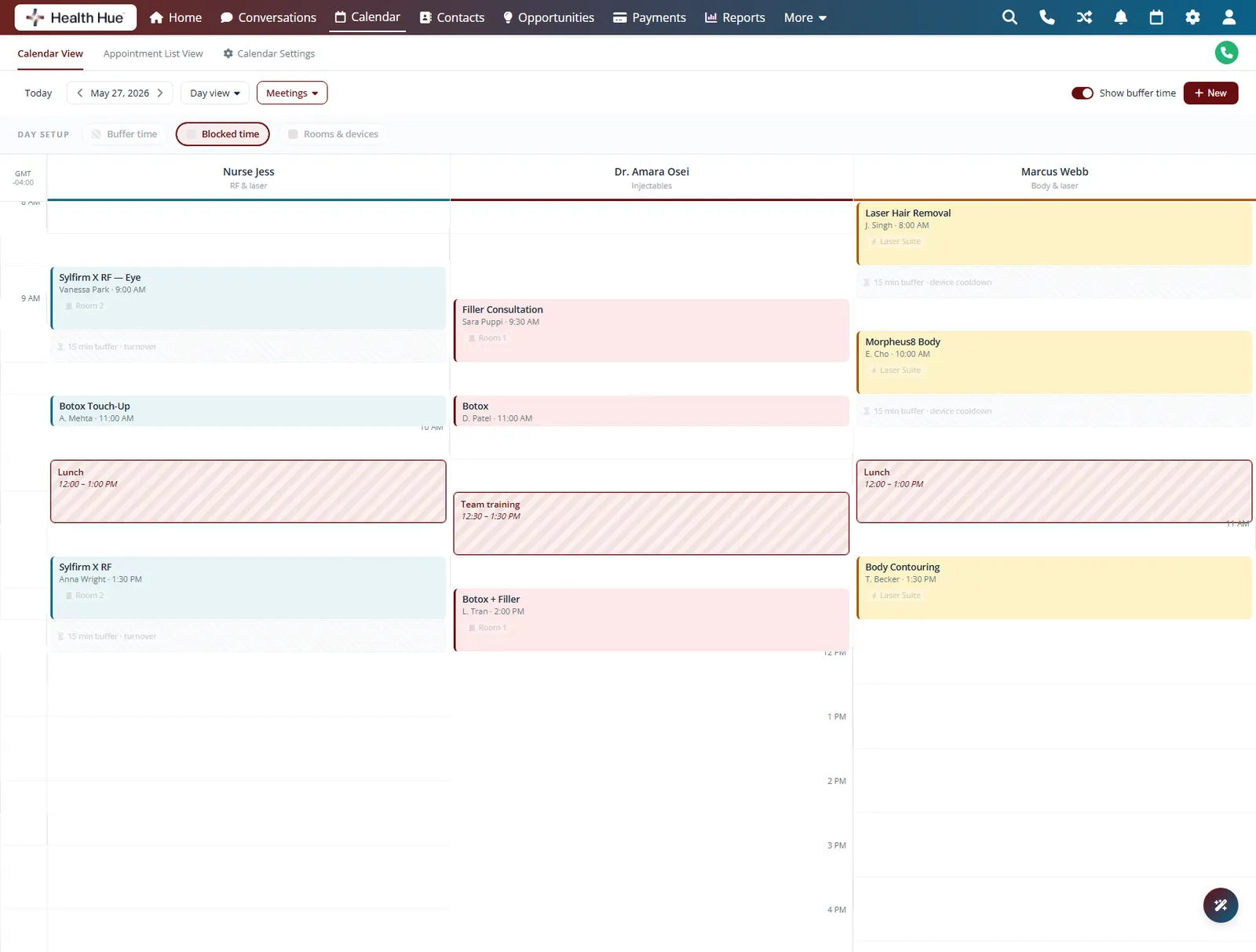 The Health Hue Hub day calendar highlighting blocked time for lunch and team training so nothing books over it.
