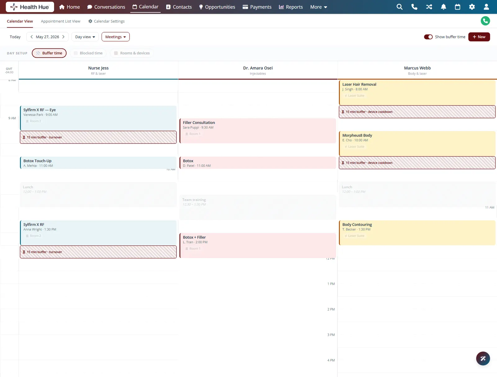 The Health Hue Hub day calendar highlighting automatic buffer gaps before and after services for turnover and device cooldown.