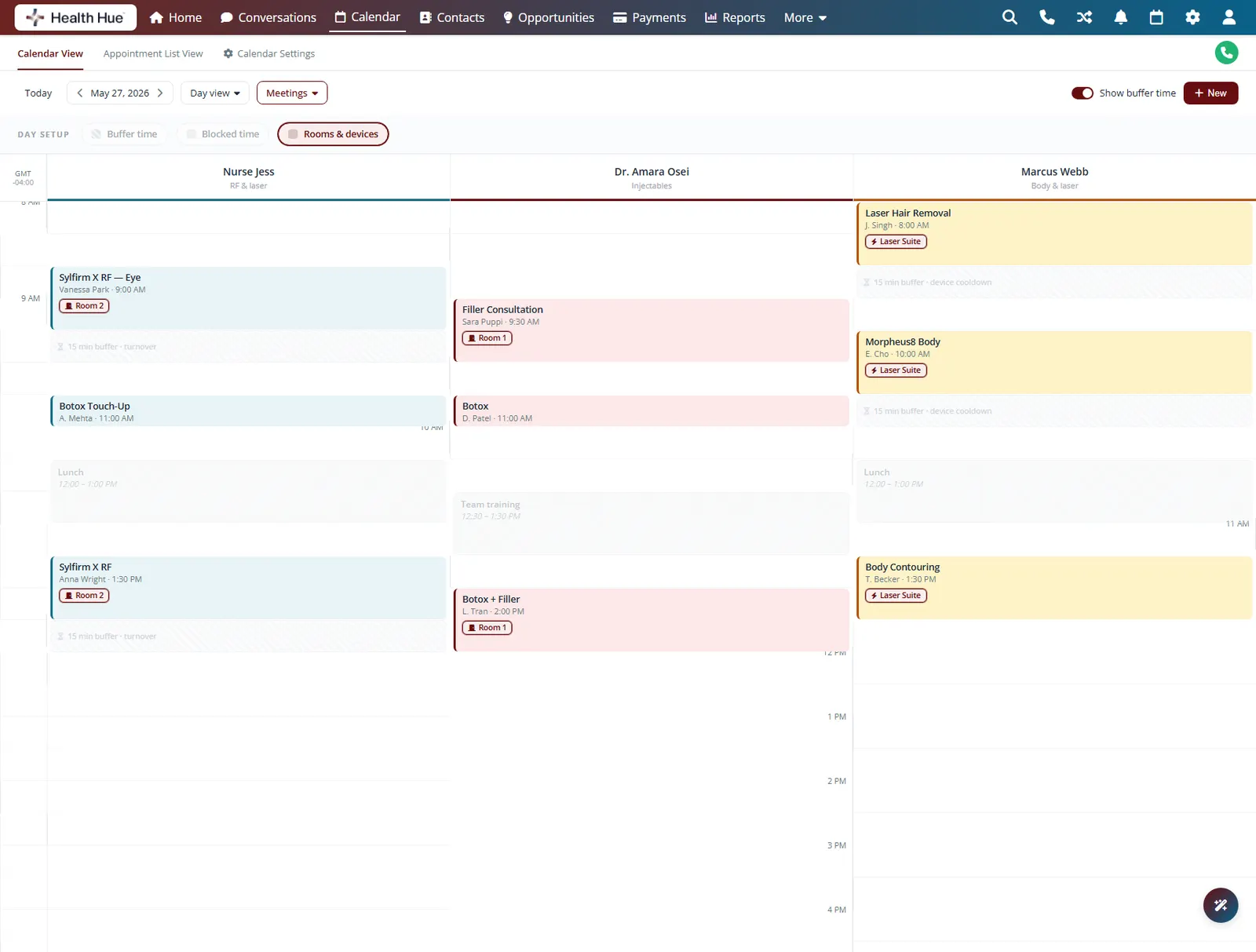 The Health Hue Hub day calendar highlighting room and device assignments on each appointment.