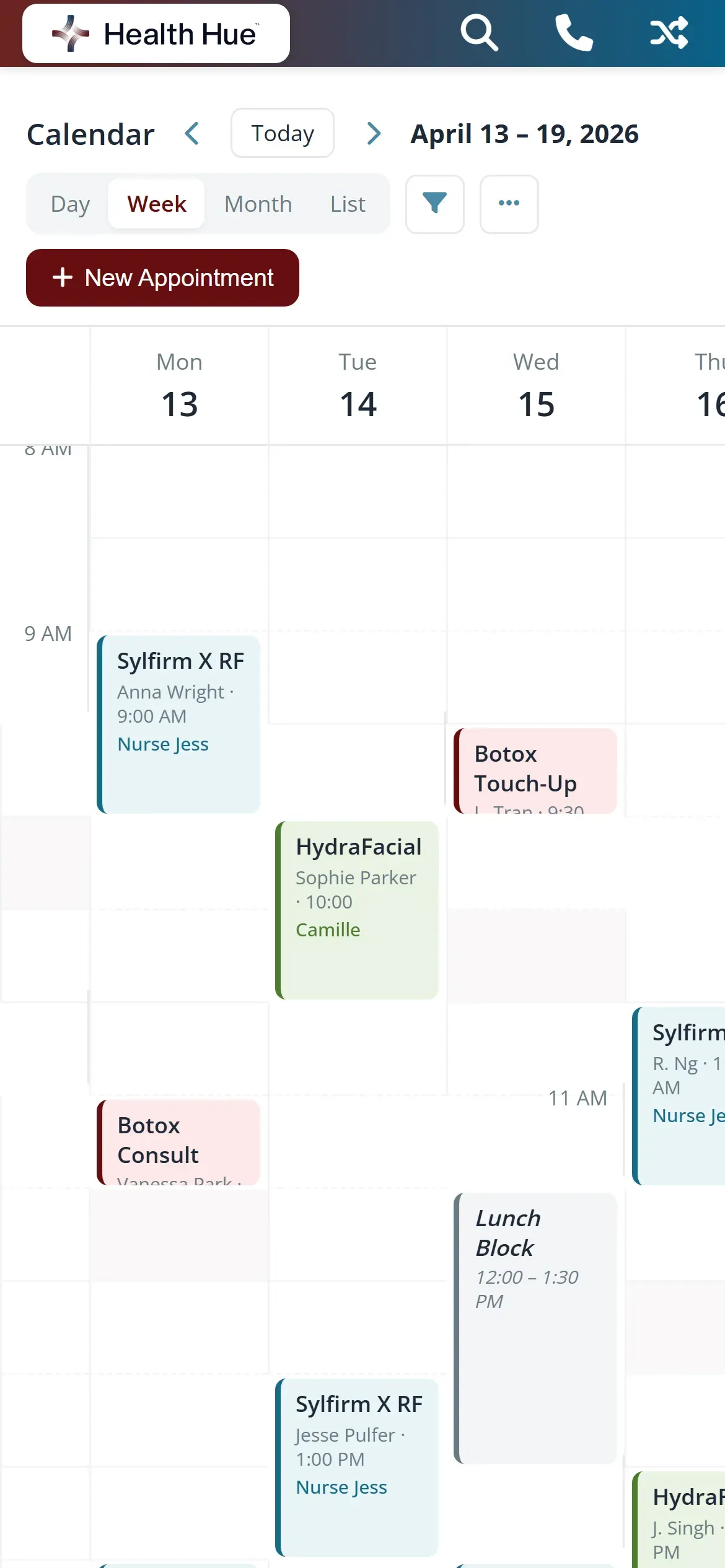 The Health Hue Hub calendar on the mobile app, where the front desk starts a patient booking on the go.