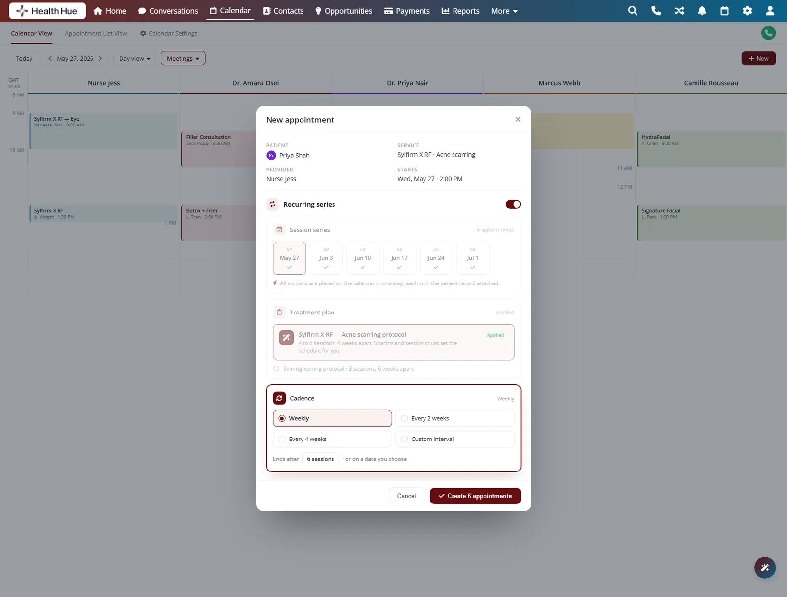 The Health Hue Hub new-appointment dialog showing cadence options for a recurring series: weekly, every two weeks, every four weeks, or custom.