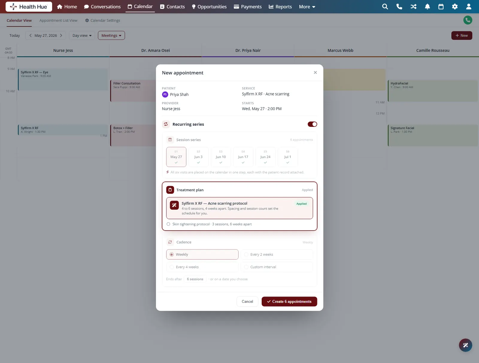 The Health Hue Hub new-appointment dialog showing a treatment-plan protocol that sets the session count and spacing.