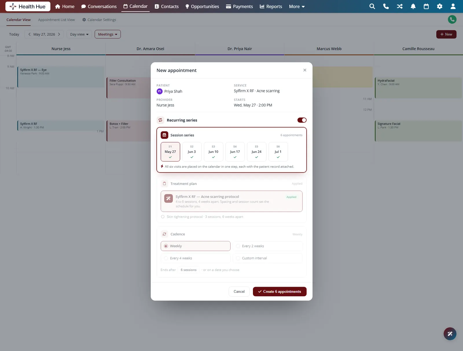 The Health Hue Hub new-appointment dialog showing a six-session treatment series generated on the calendar in one step.