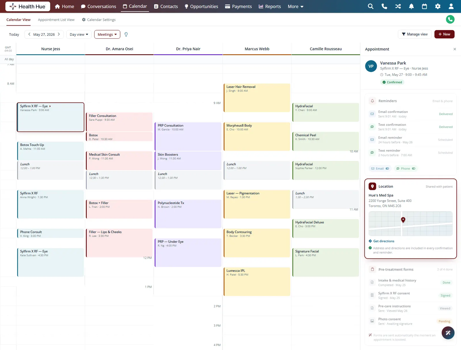 The Health Hue Hub appointment panel showing the clinic address, a map, and a directions link shared with the patient in every confirmation.