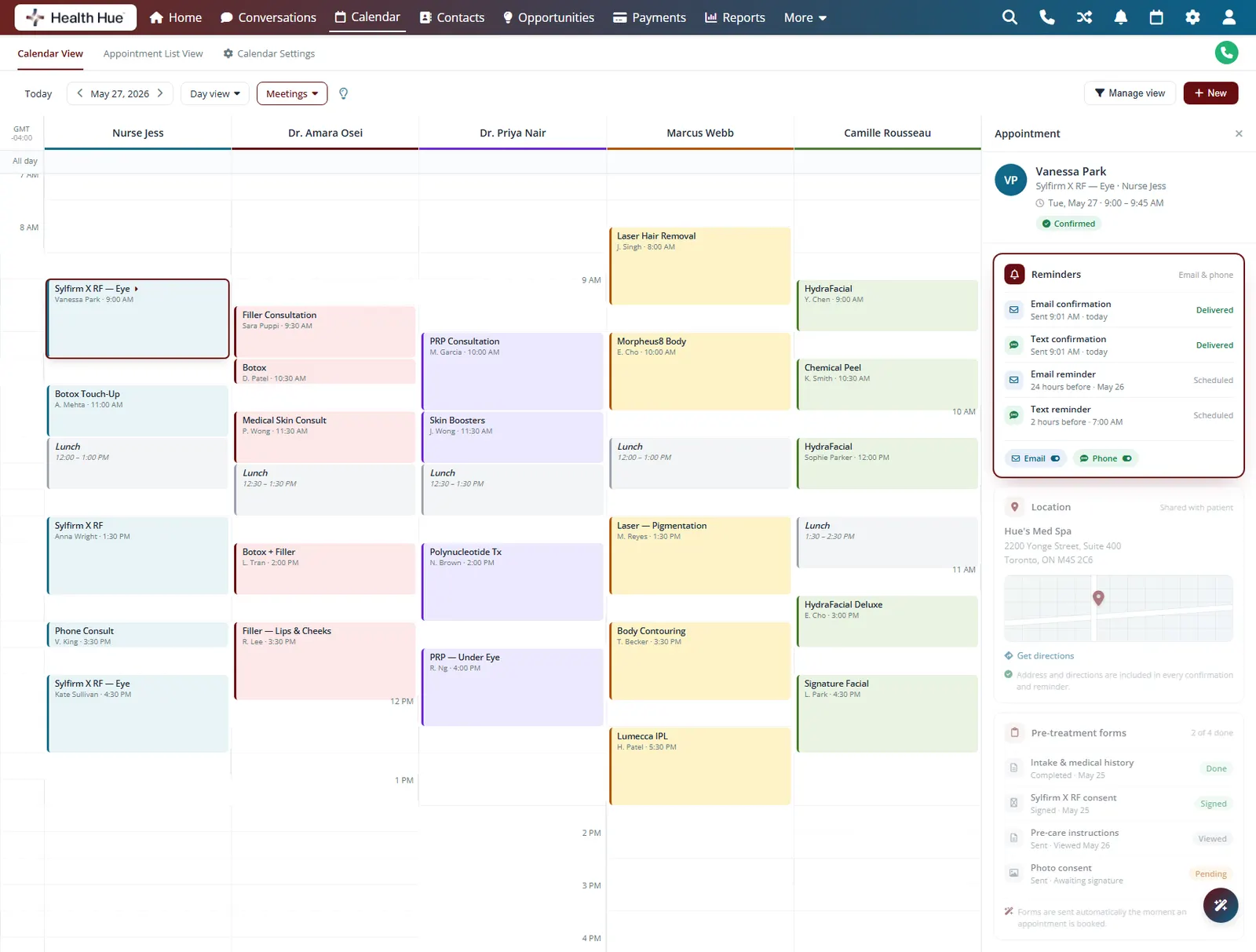 The Health Hue Hub appointment panel showing automatic email and text reminders for a patient, with delivery status for each message.