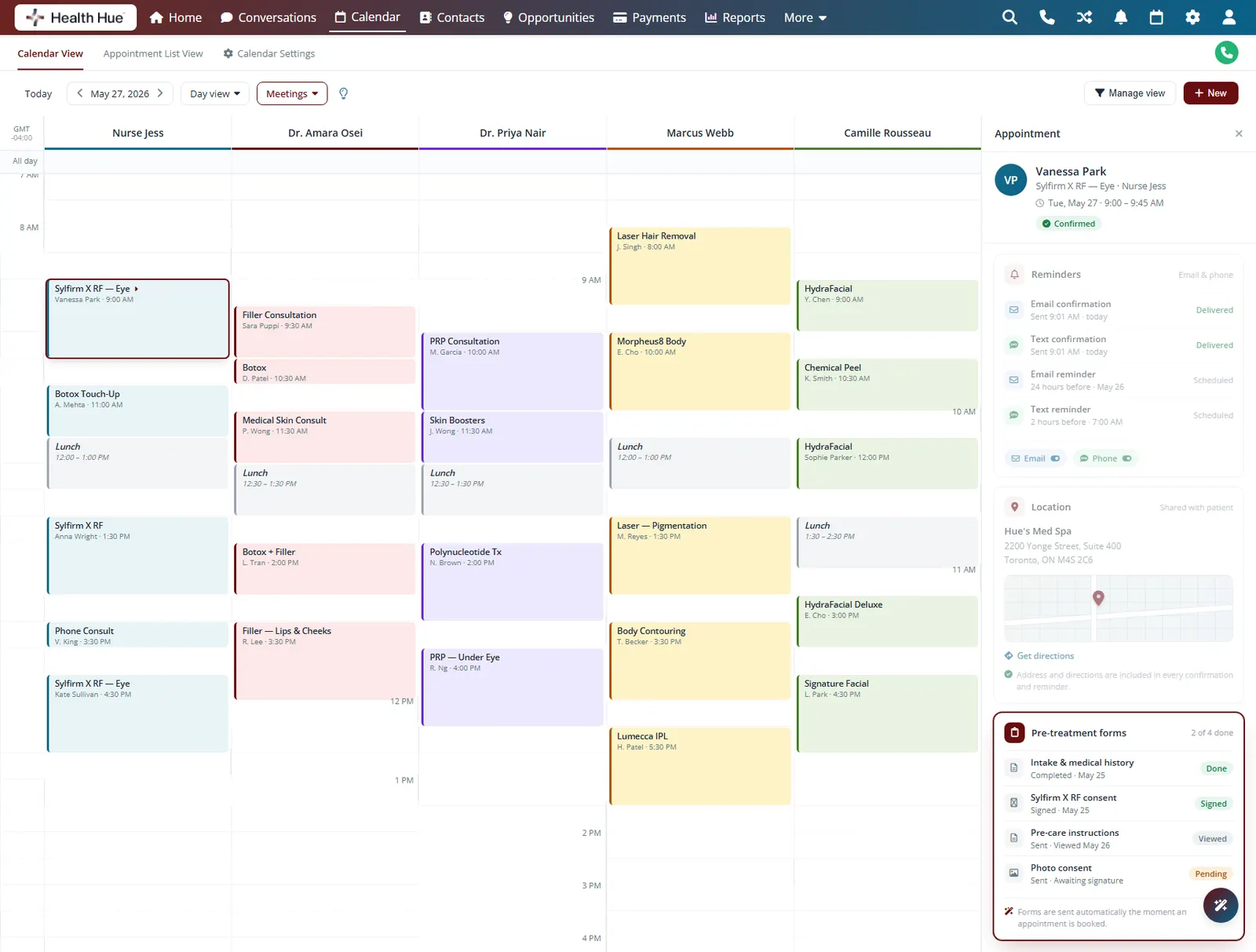 The Health Hue Hub appointment panel showing pre-treatment intake and consent forms sent to the patient, with completion status for each.
