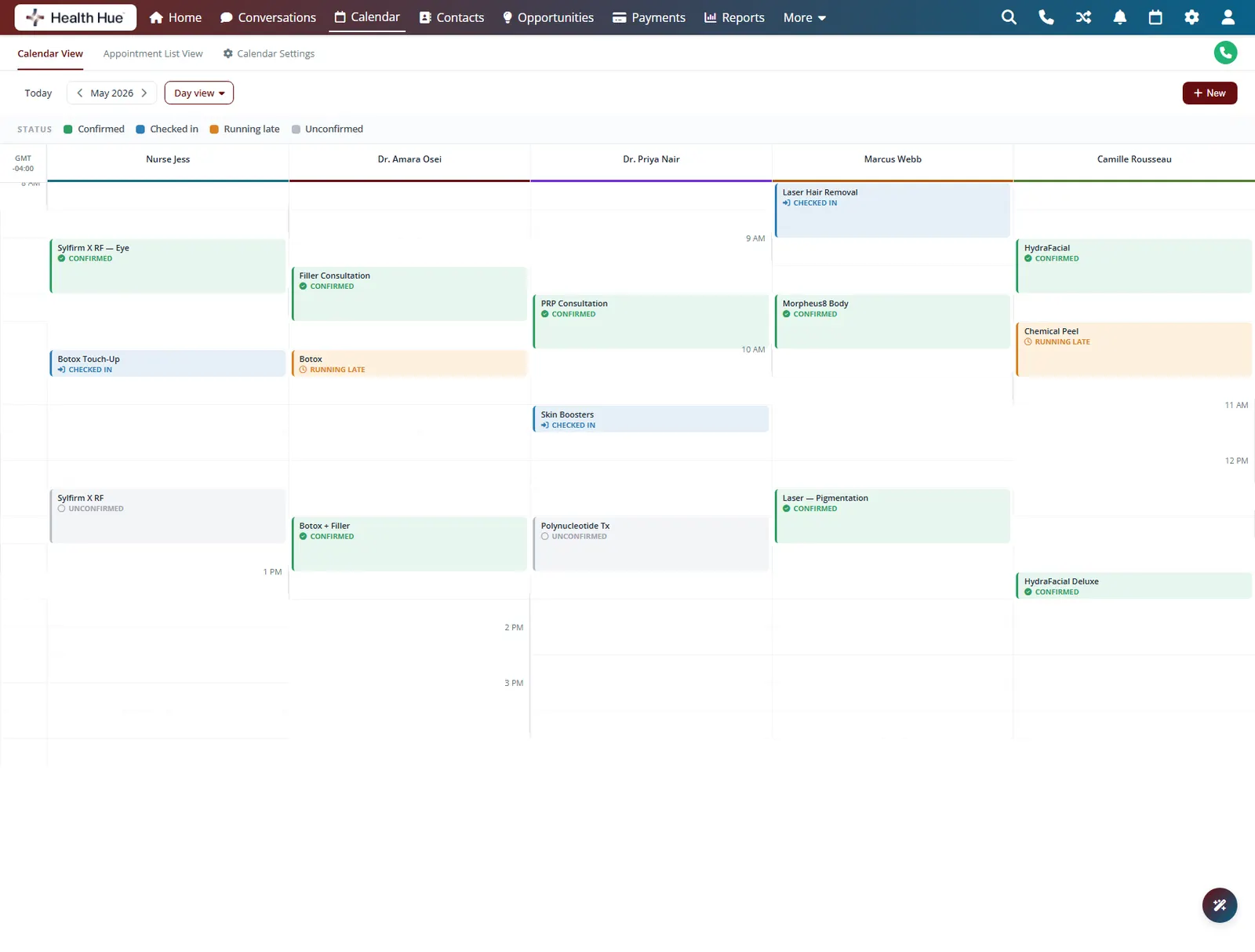 The Health Hue Hub calendar with appointments colour-coded by status: confirmed, checked in, running late, and unconfirmed.