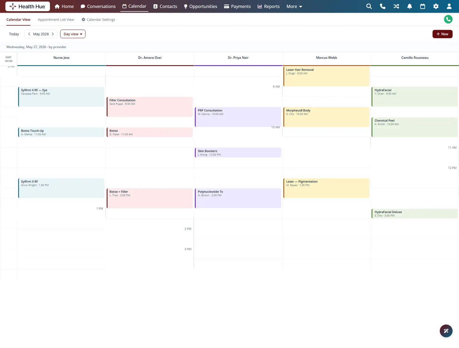 The Health Hue Hub calendar day view showing appointments by provider for a single day.