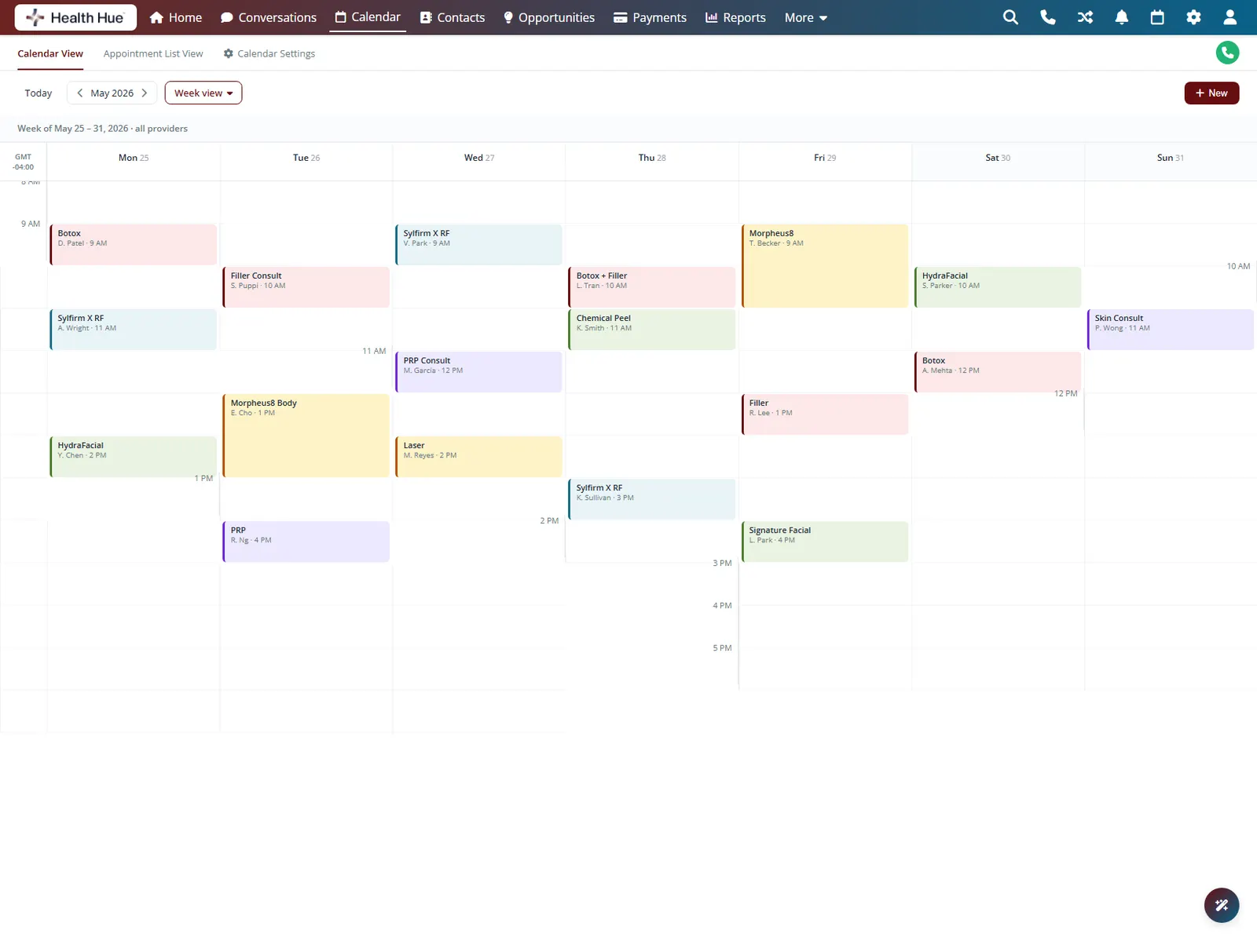 The Health Hue Hub calendar week view showing every provider's appointments across a full week.