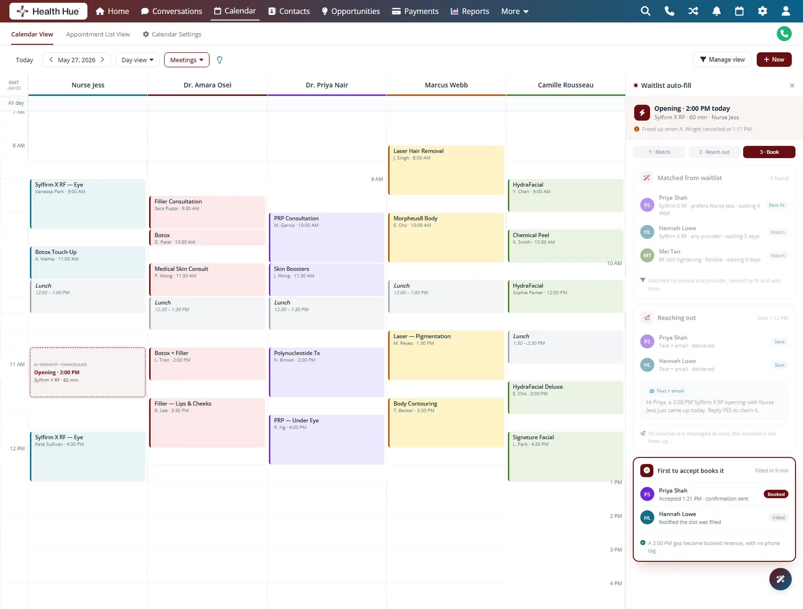 The Health Hue Hub waitlist panel showing the first patient to accept booked into the slot and the others notified it was filled.