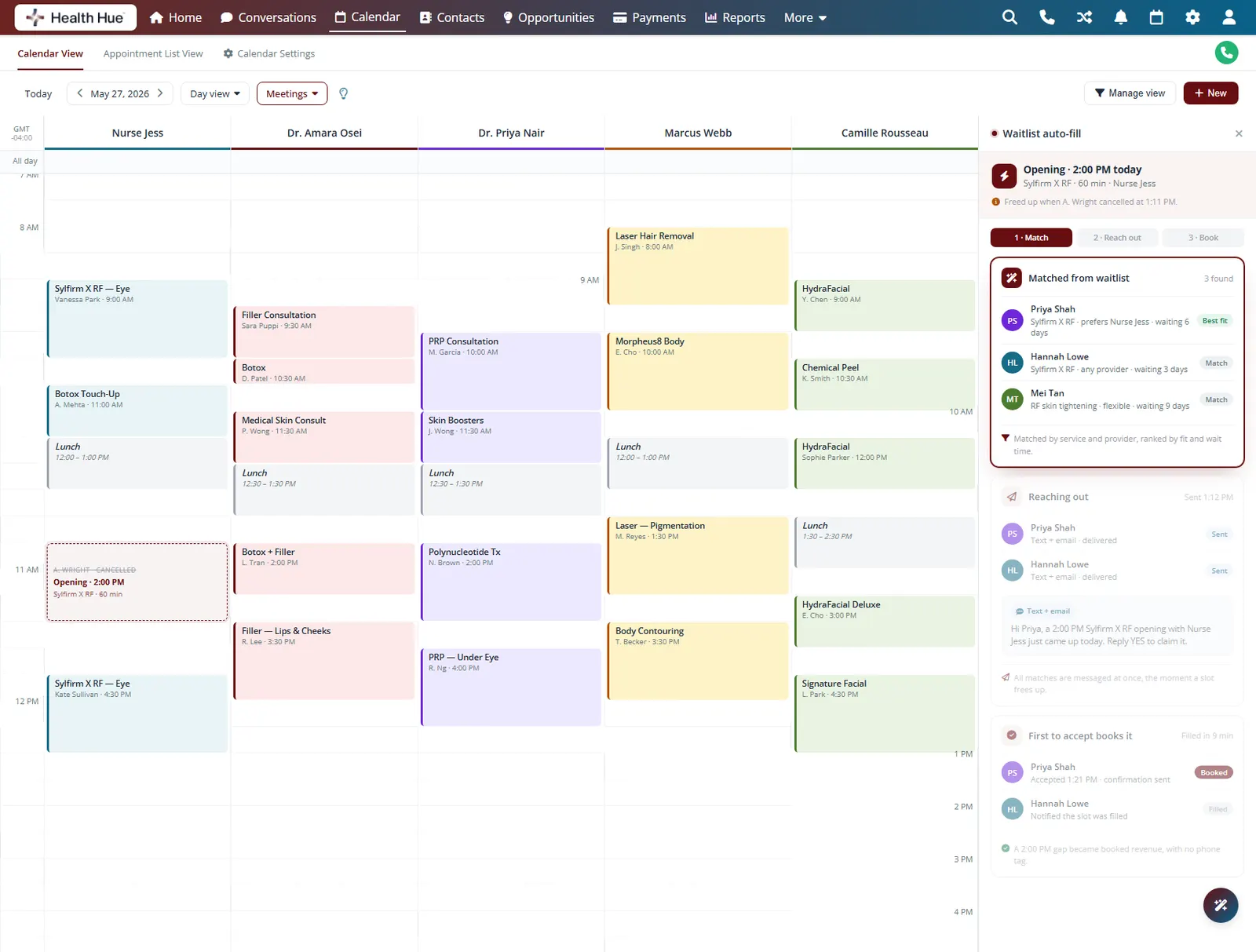 The Health Hue Hub waitlist panel matching a freed-up appointment slot to waitlisted patients by service and provider.