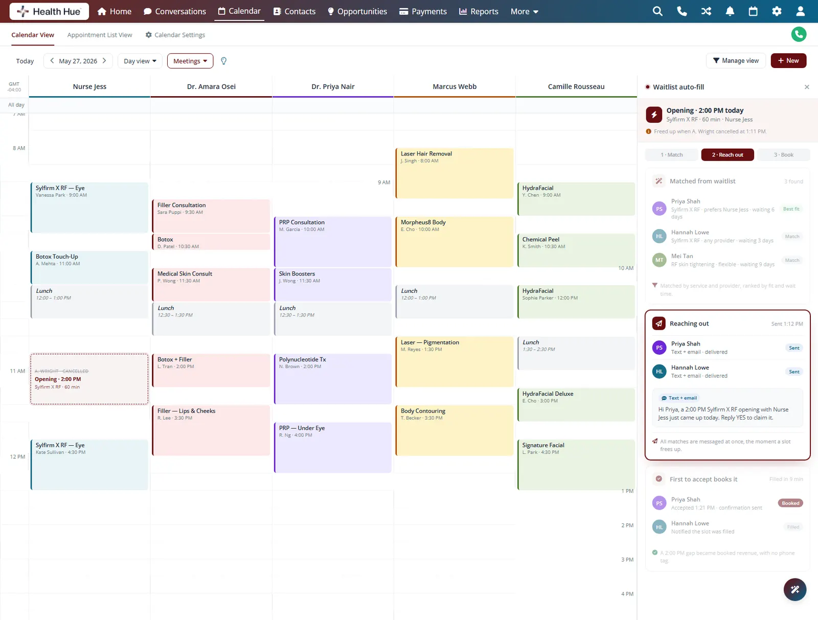 The Health Hue Hub waitlist panel showing automatic text and email outreach sent to matched patients about an opening.