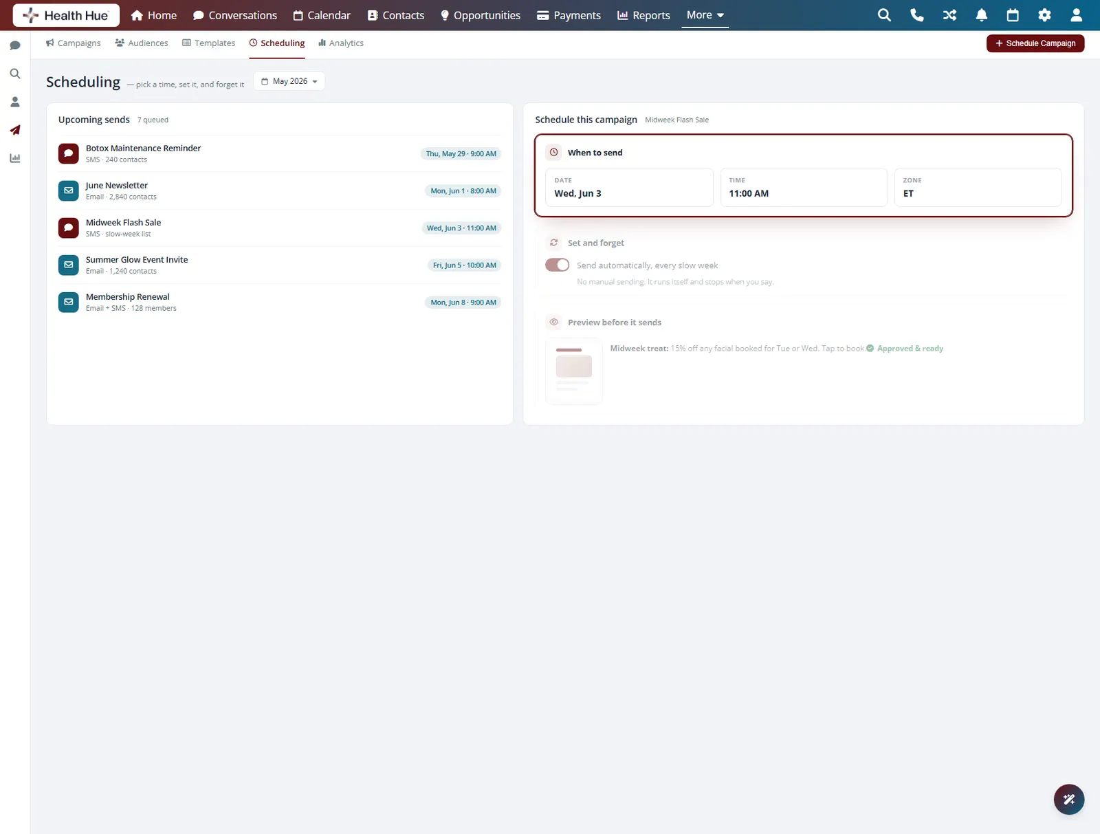 A campaign scheduling screen with the date and time picker for the send highlighted.