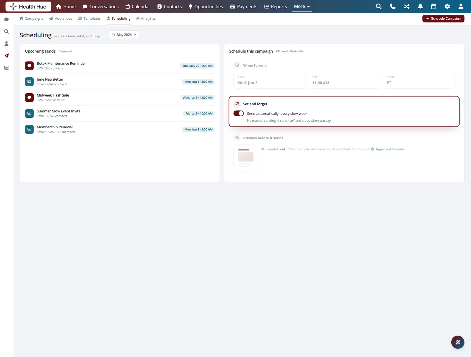 A campaign scheduling screen with the set-and-forget automatic recurring option highlighted.