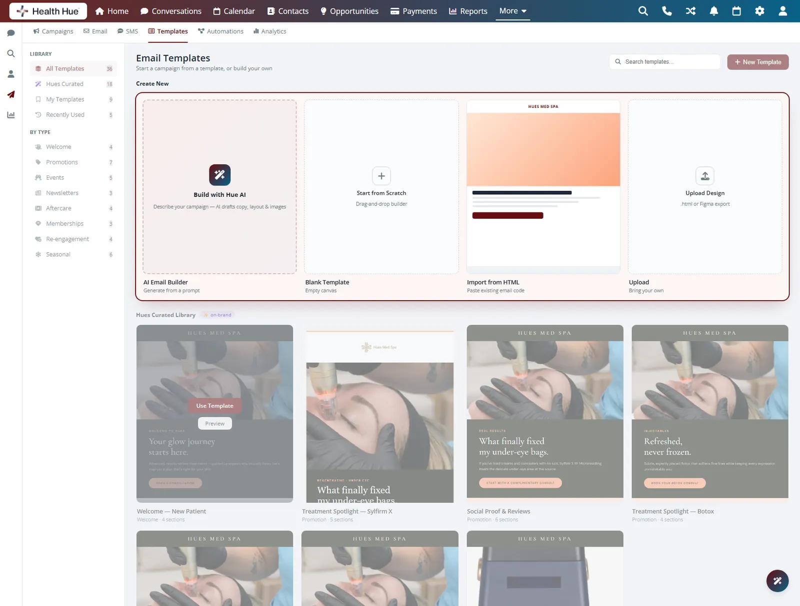 The email template gallery in the Health Hue Hub with the build with AI and start from scratch options highlighted.