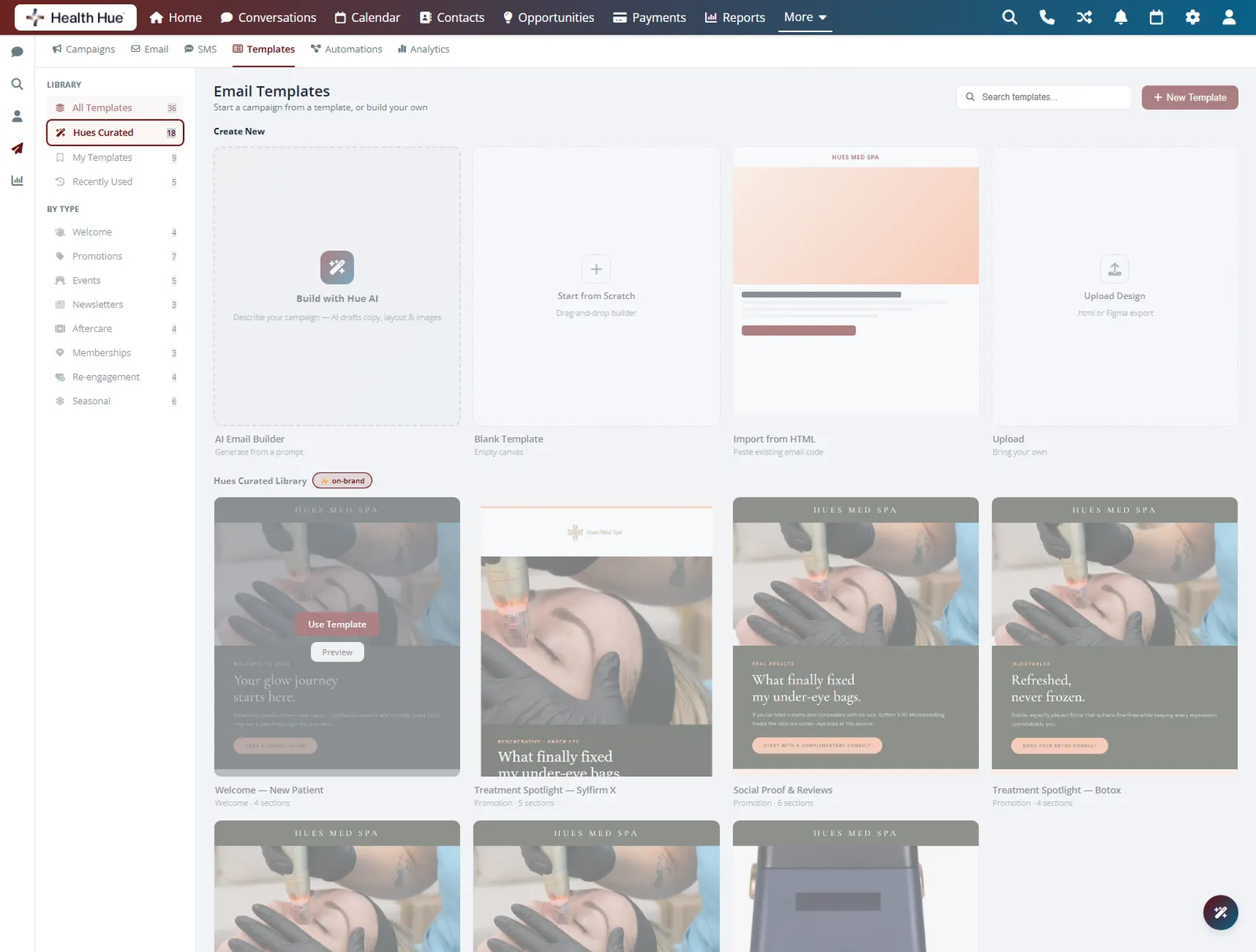 The email template gallery in the Health Hue Hub with the on brand curated library highlighted.