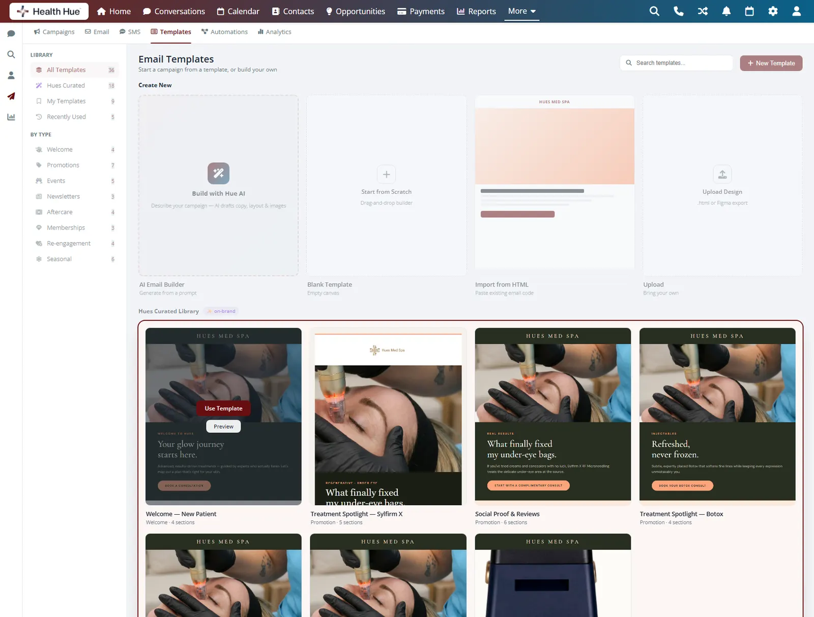 The email template gallery in the Health Hue Hub with the prebuilt healthcare layouts highlighted.