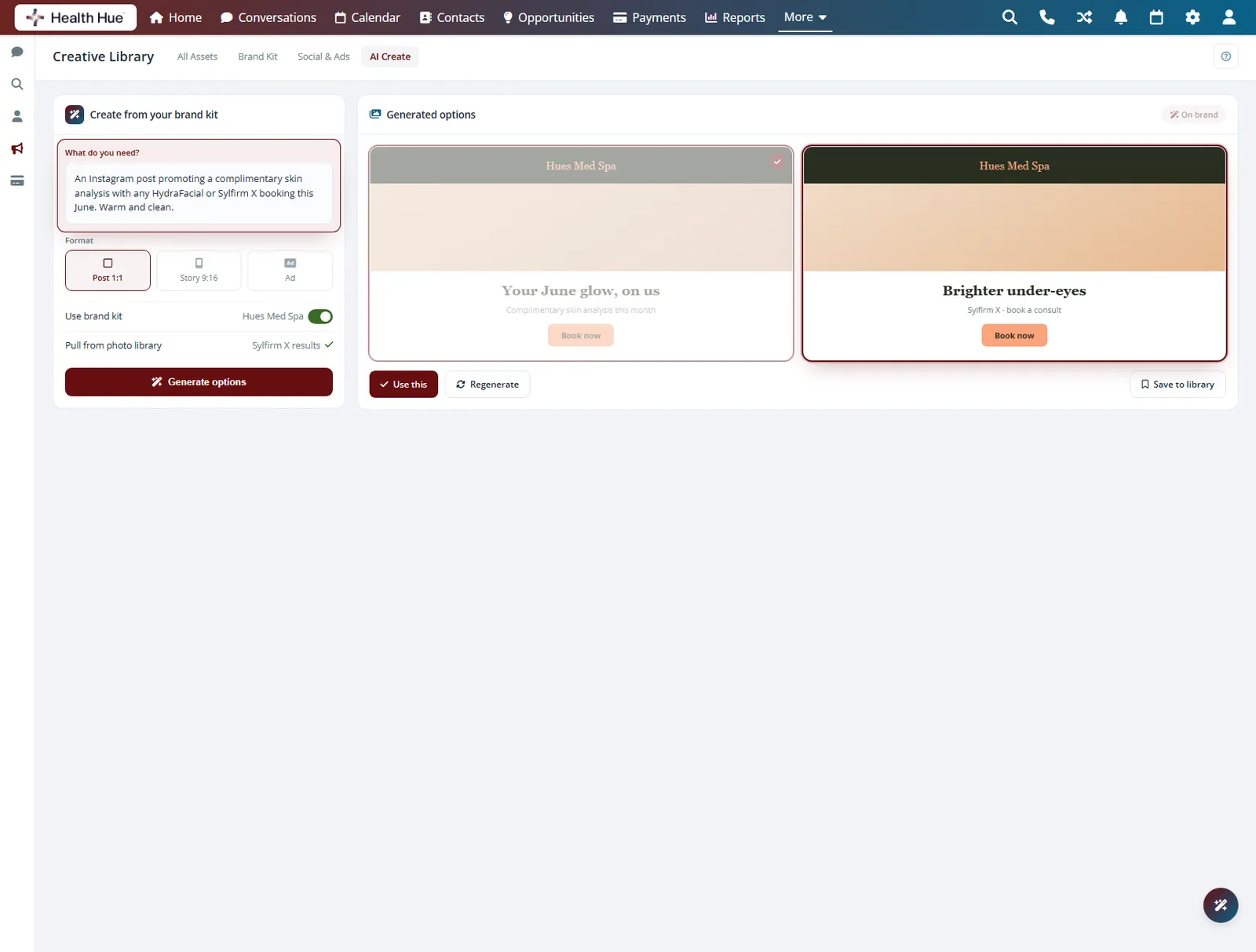 The editable brief and an alternative draft highlighted in the Health Hue Hub, showing you stay in control before anything goes live.