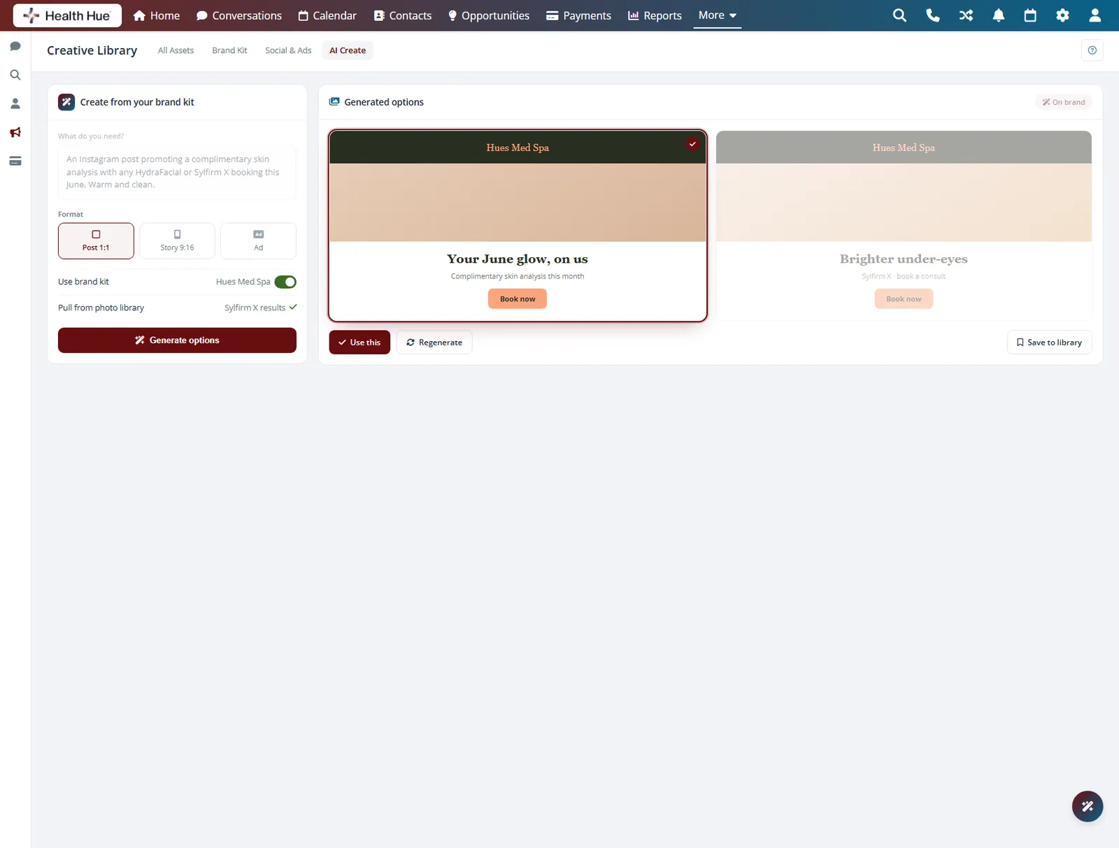 A generated draft highlighted in the Health Hue Hub, with the copy and layout drafted together into a finished asset.