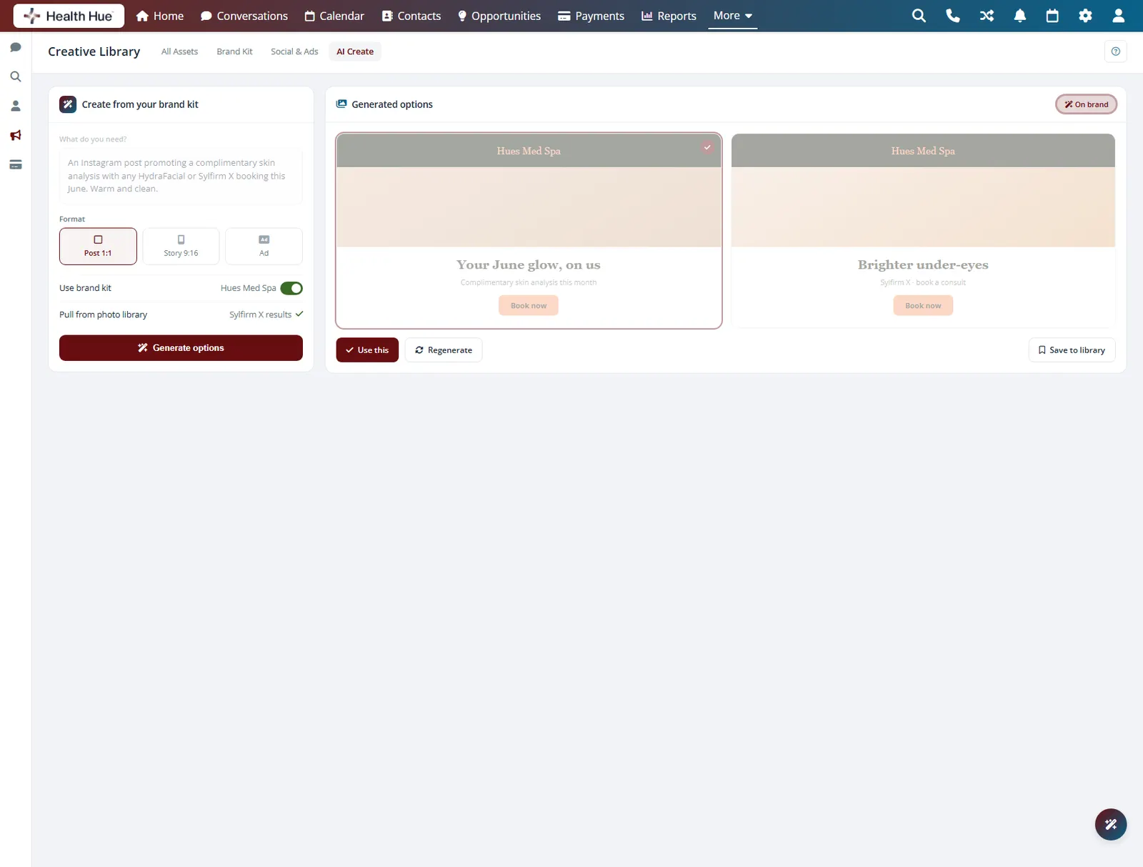AI-assisted drafting in the Health Hue Hub with the on-brand badge highlighted, showing drafts start from the clinic brand kit.