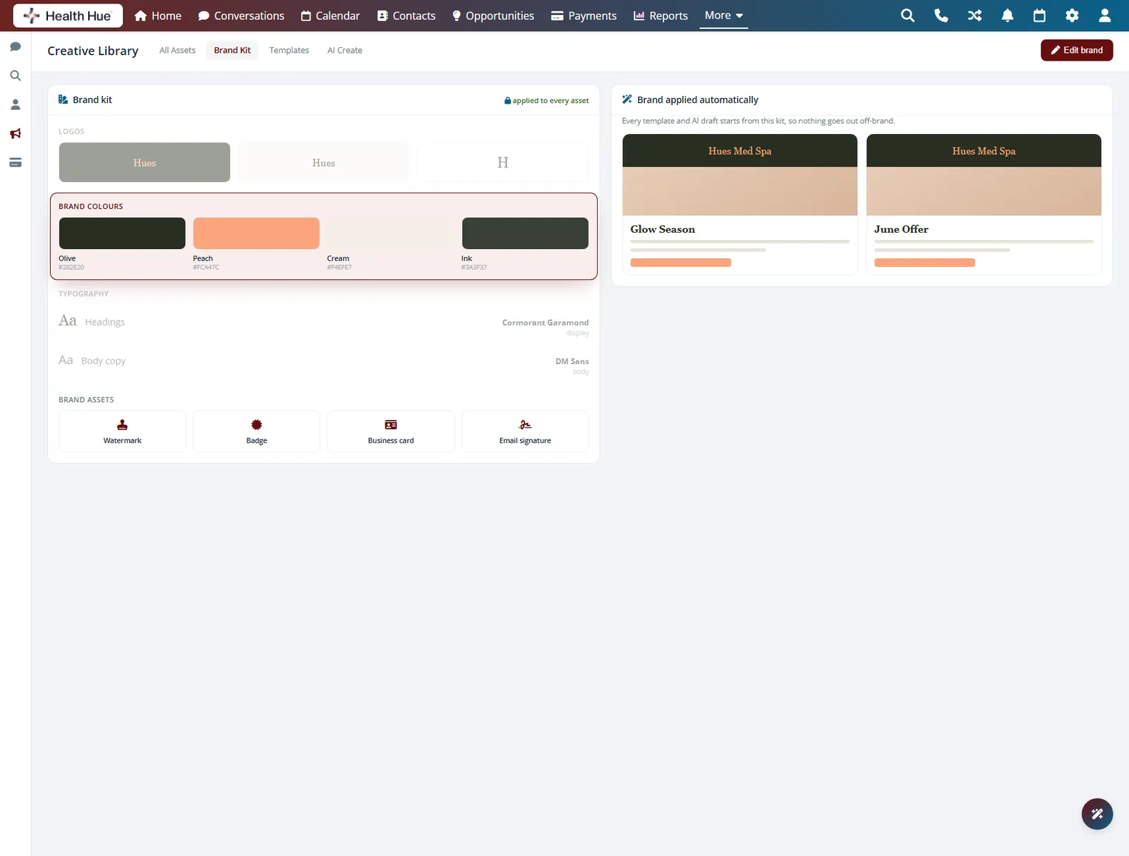 The Brand Kit panel with the brand colour swatches highlighted, showing the clinic palette.