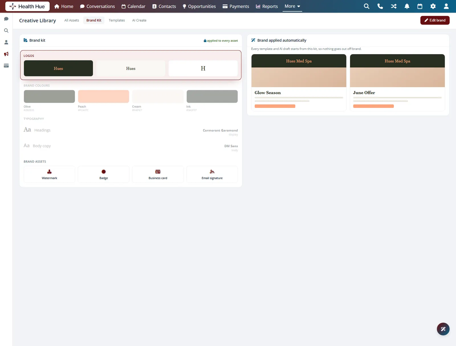 The Brand Kit panel in the Health Hue Hub with the approved clinic logos highlighted.