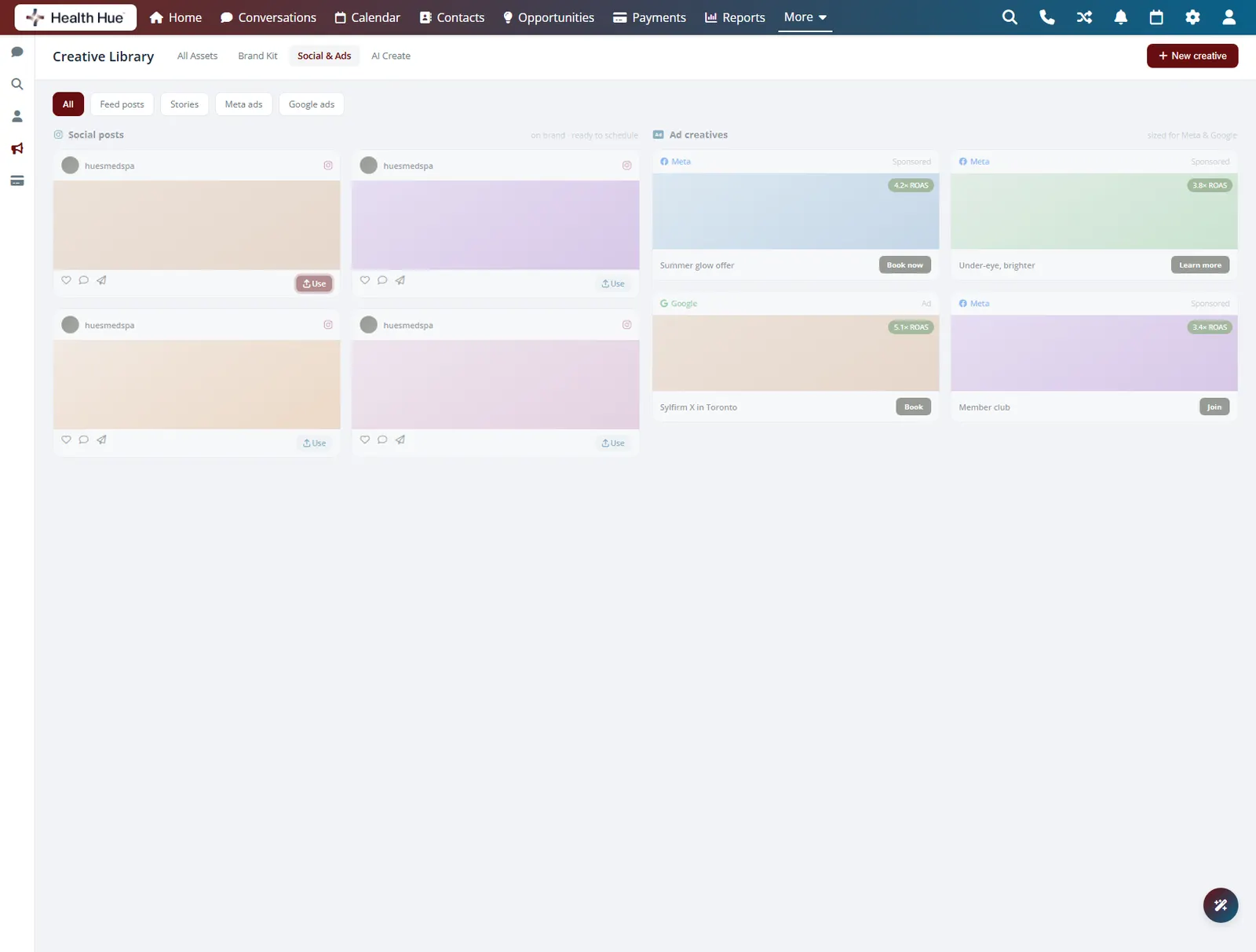 A single creative highlighted with its Use button in the Health Hue Hub, ready to publish a post or ad in one click.