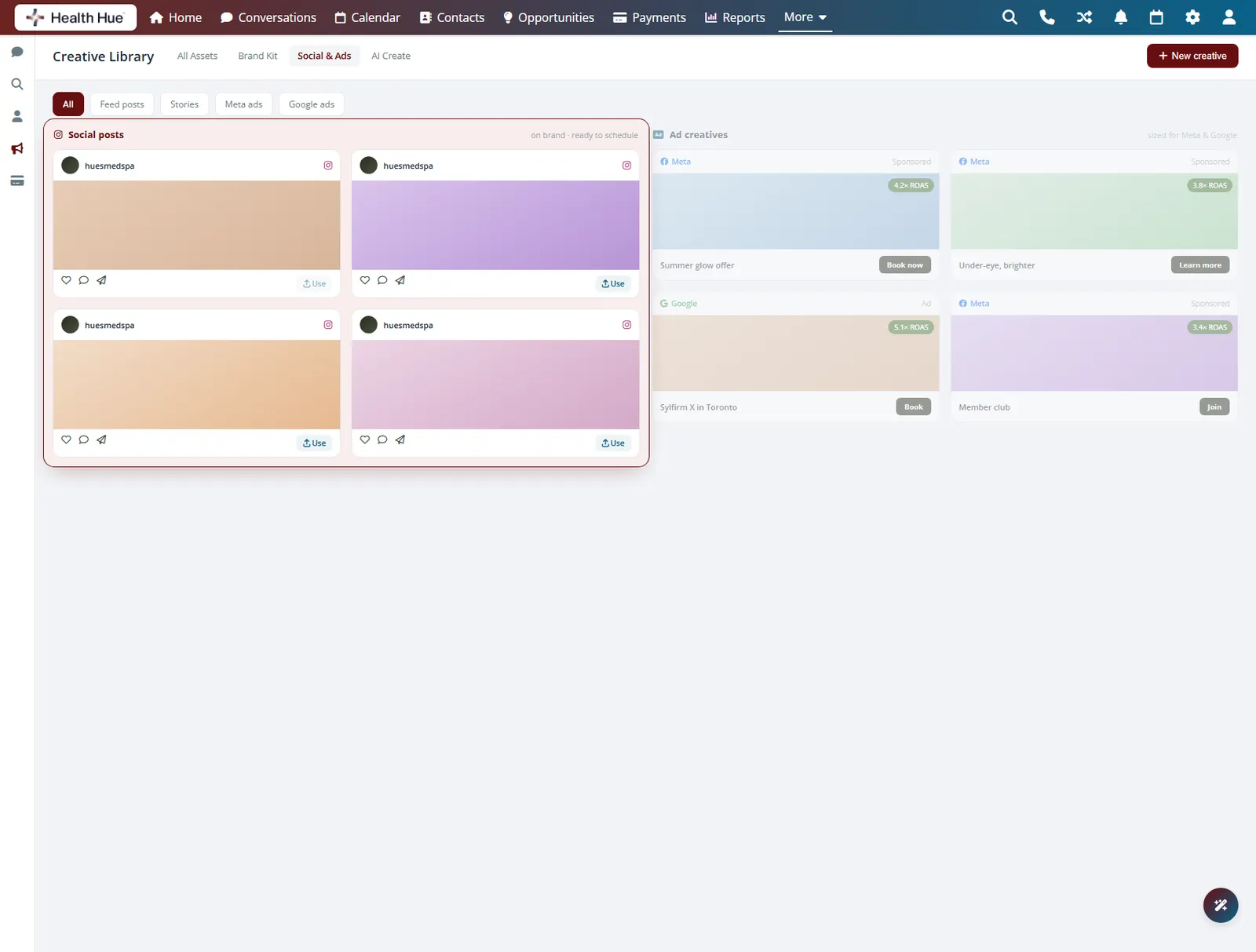 The social posts column highlighted in the Health Hue Hub creative gallery, with on-brand Instagram posts ready to schedule.