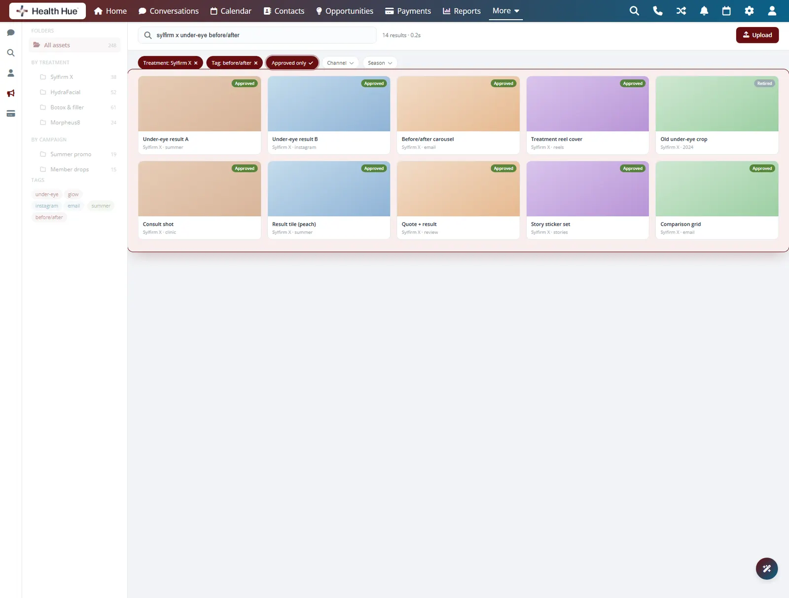 The approved-only filter and approved status badges highlighted in the Health Hue Hub creative library, separating the approved set from retired assets.
