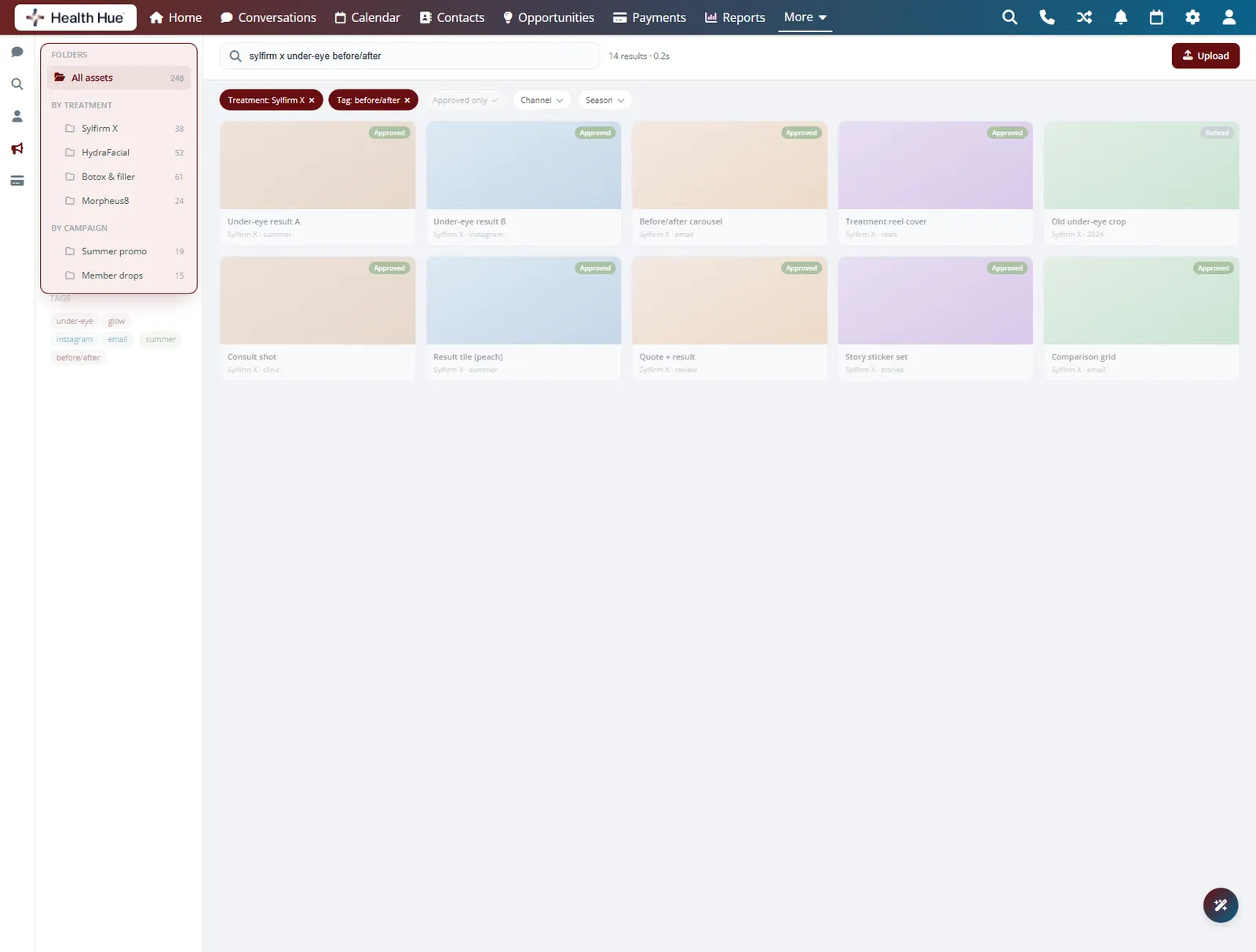 The folder tree highlighted in the Health Hue Hub creative library, with assets organised by treatment and campaign.
