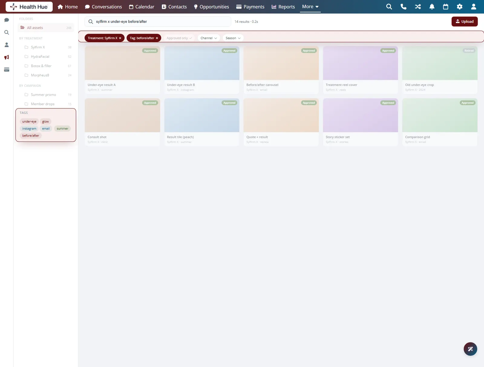 The tags and active filters highlighted in the Health Hue Hub creative library, narrowing assets by treatment, channel, and season.