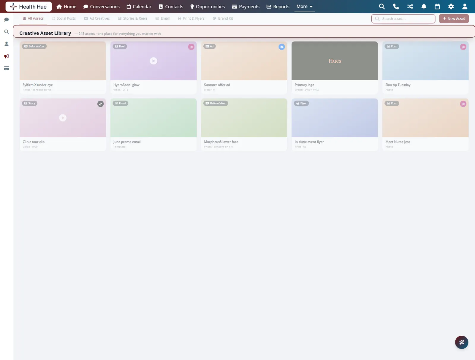 The creative library search box and 248 asset count highlighted, showing any file can be found fast so nothing gets lost.