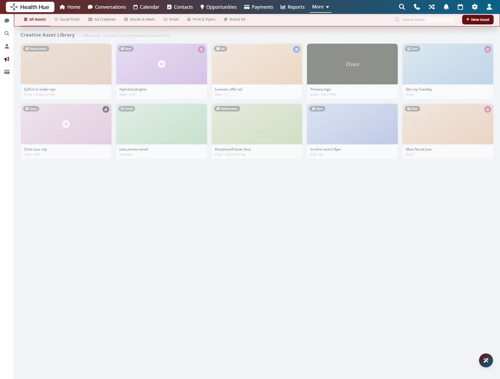 The creative library category tabs highlighted, with views for All Assets, Social Posts, Ad Creatives, Stories, Email, Print, and Brand Kit.
