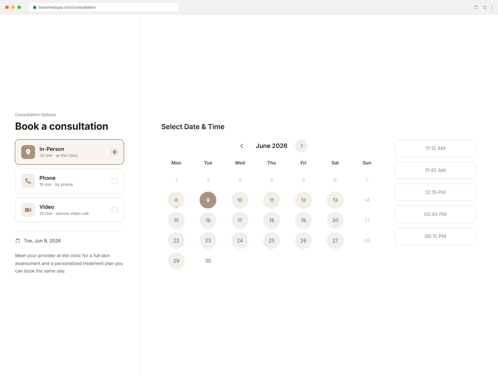 The same booking widget with the footer note highlighted, confirming real-time availability open for booking 24 hours a day.