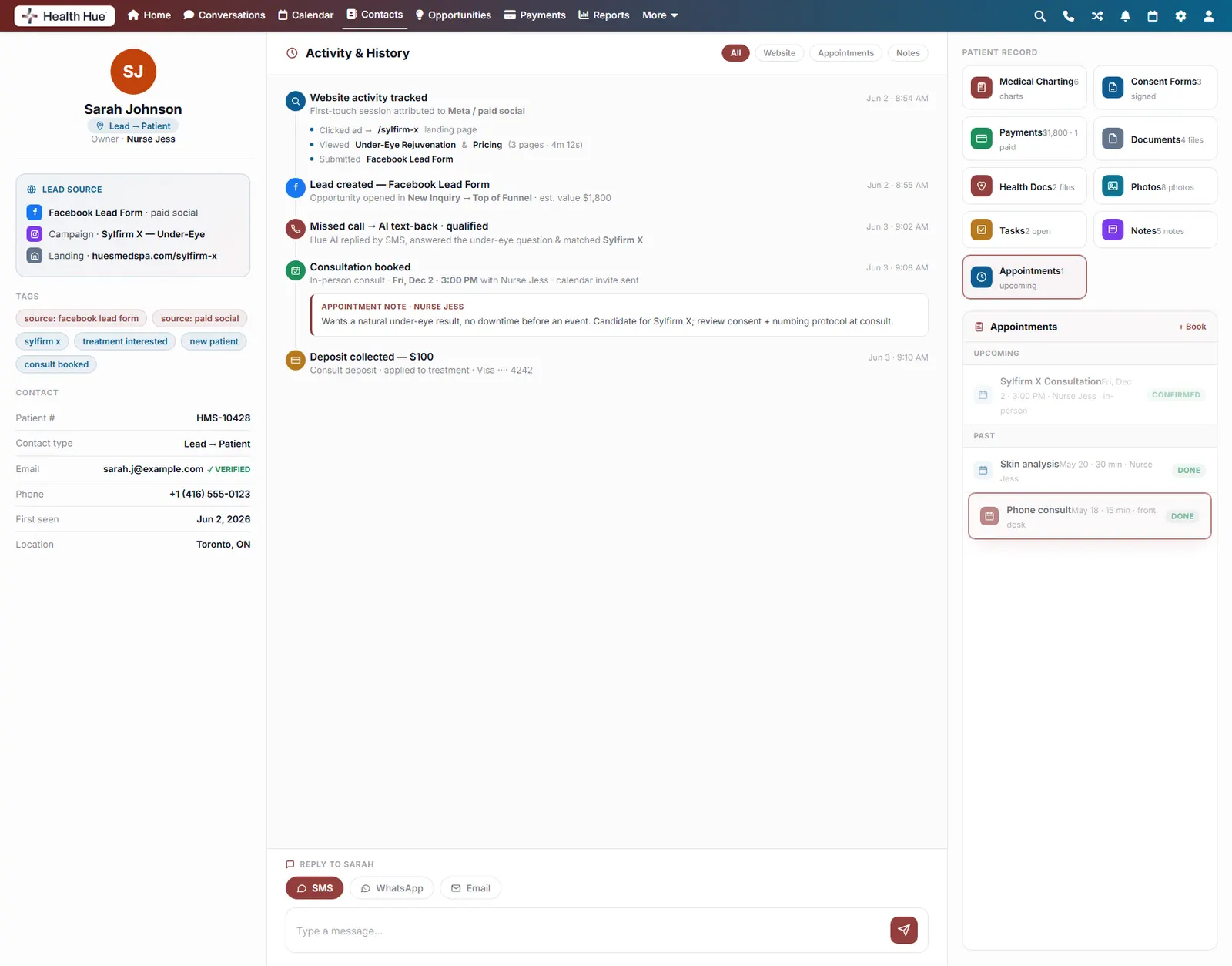 The Appointments panel with a booked visit highlighted, calendar invites sent automatically.