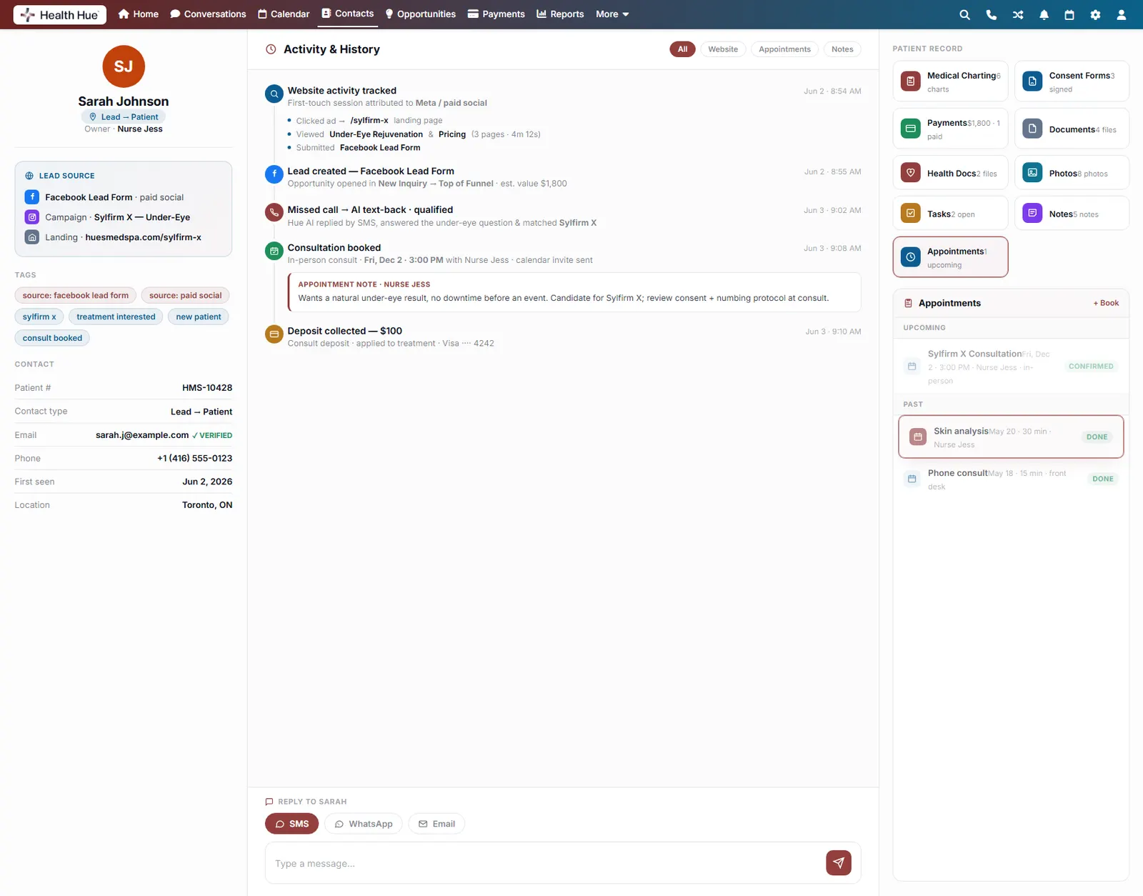 The Appointments panel with a past skin-analysis visit highlighted in the combined list.