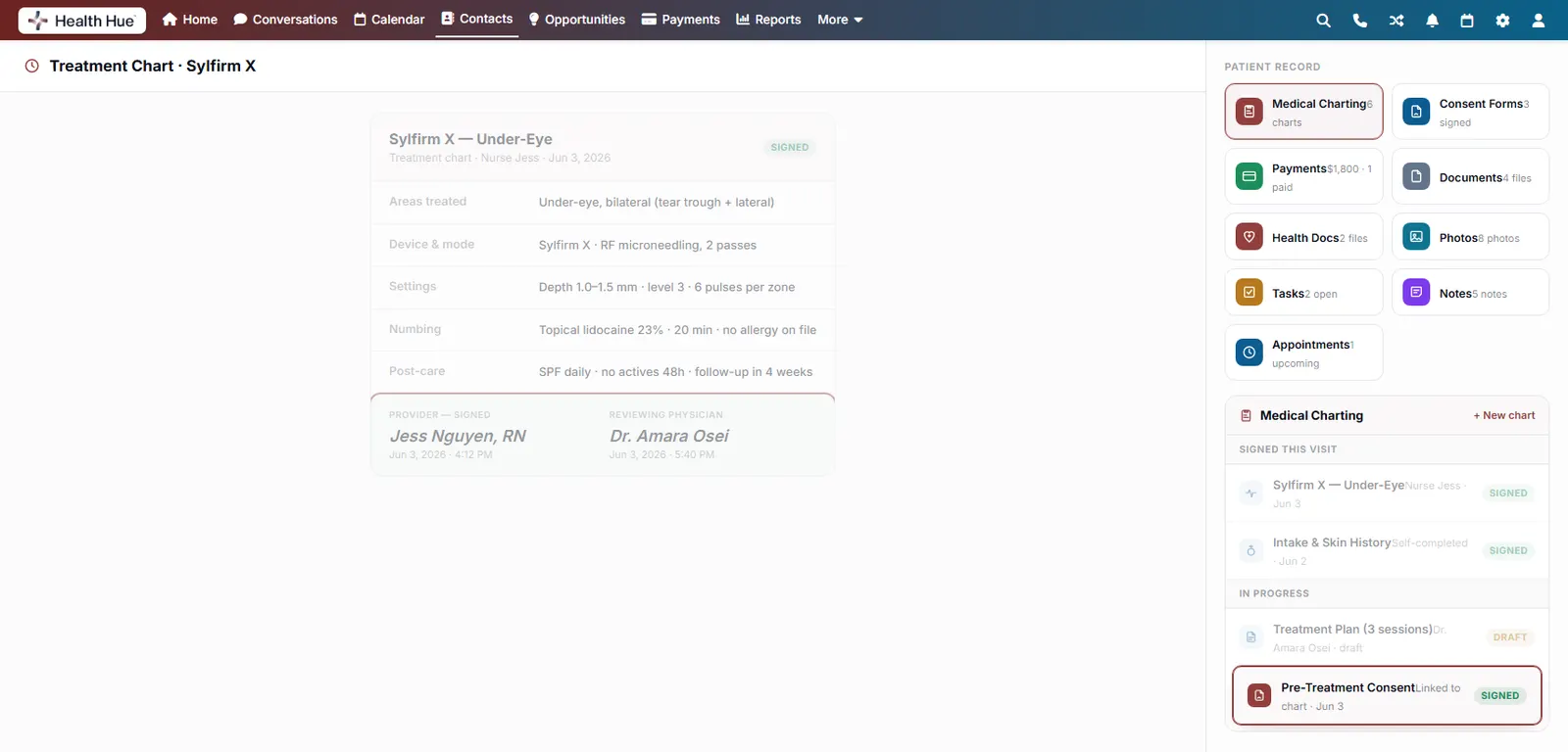 The signature block highlighted, the chart e-signed by the provider and reviewing physician.