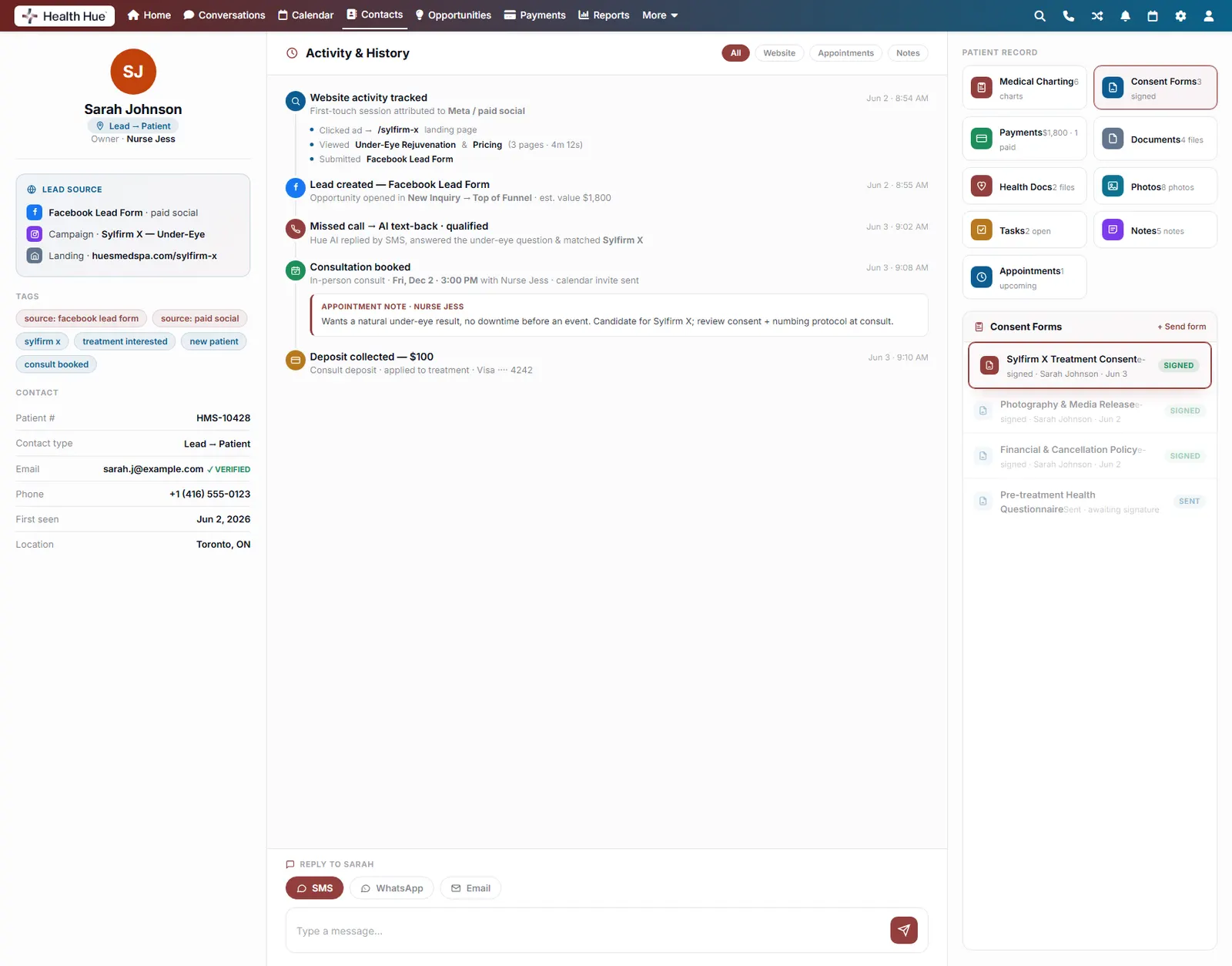 The Consent Forms panel with the Sylfirm X treatment consent highlighted, a digital consent on the record.
