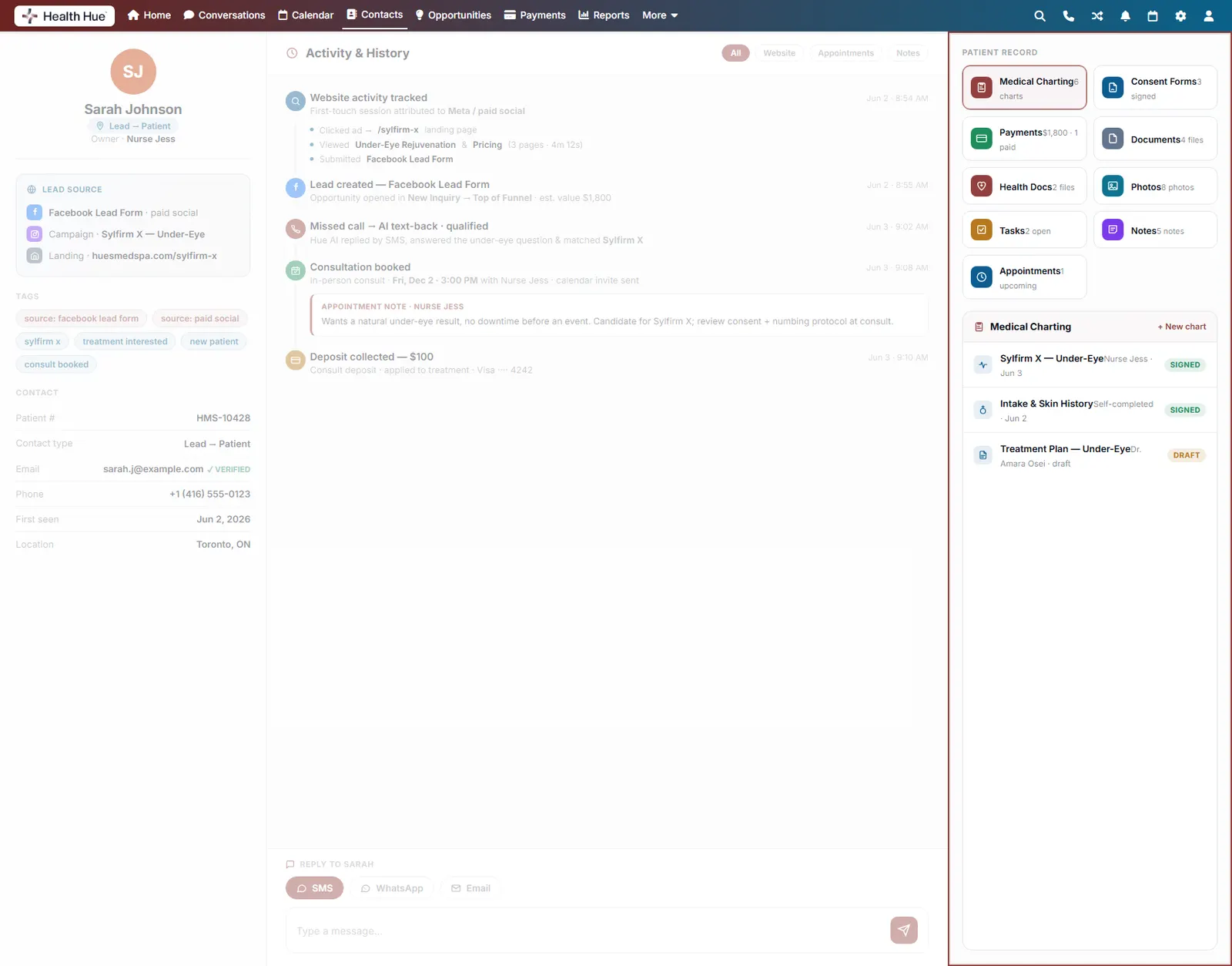 The same profile with the patient-record modules highlighted, charting, consent, payments, photos, documents, and tasks in one place.