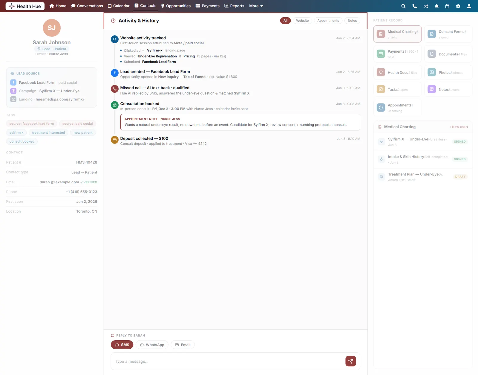 The same profile with the shared activity history highlighted, where the whole team sees the patient journey in one timeline.