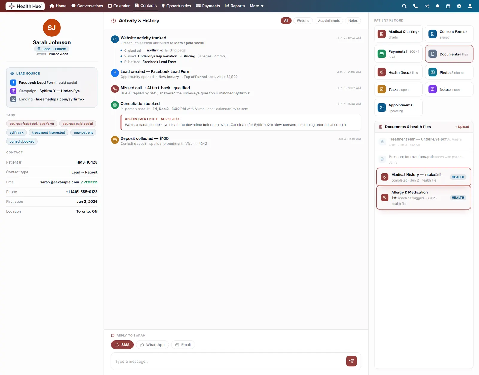 The Documents panel with the health-flagged medical history and allergy list highlighted.