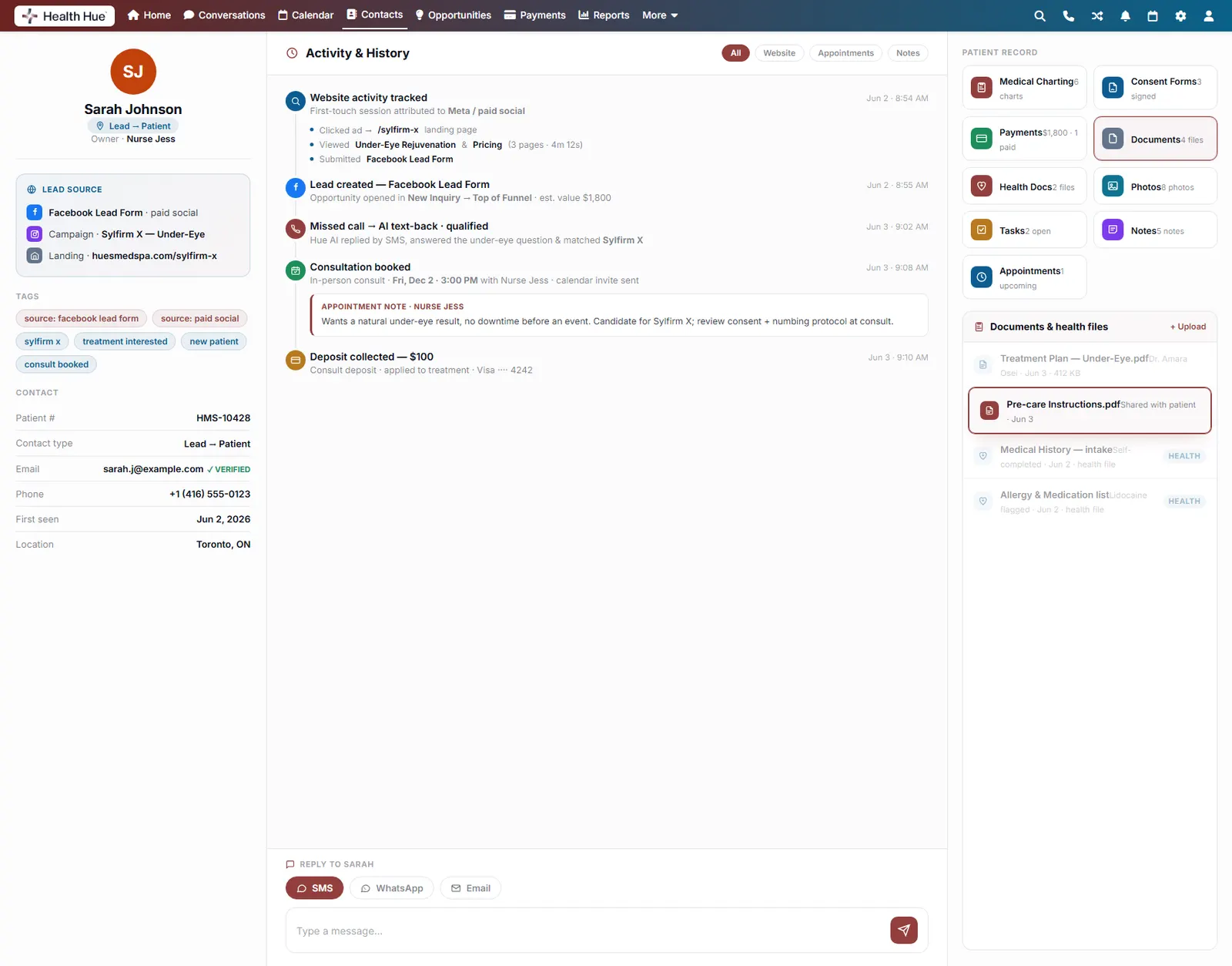 The Documents panel with the shareable pre-care instructions highlighted.