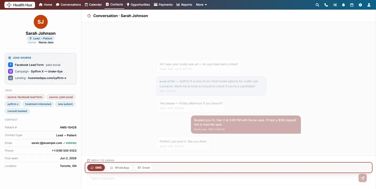 The conversation with the SMS, WhatsApp, and email channel tabs highlighted.