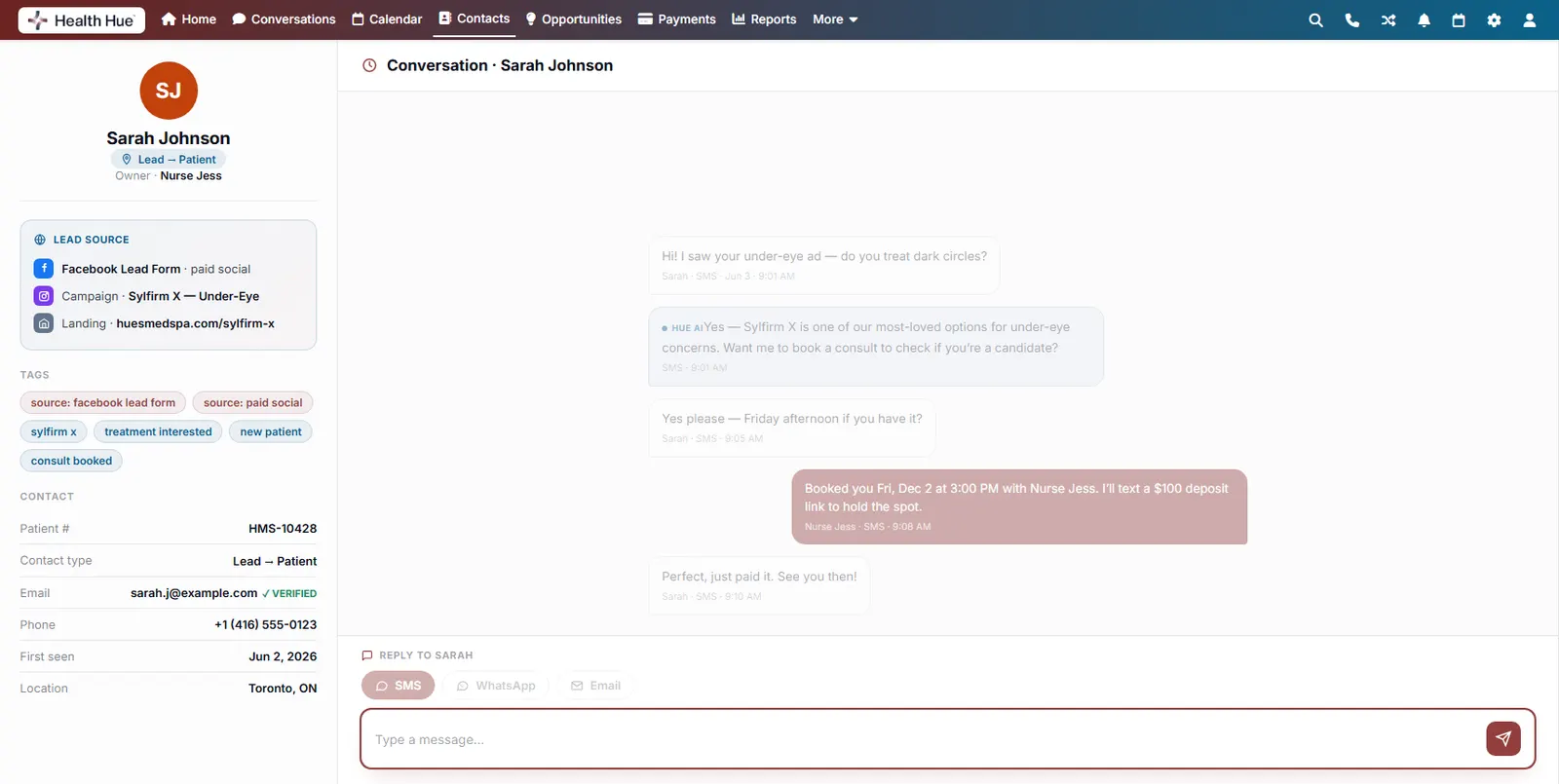 The conversation with the reply composer highlighted, replying from one inbox.
