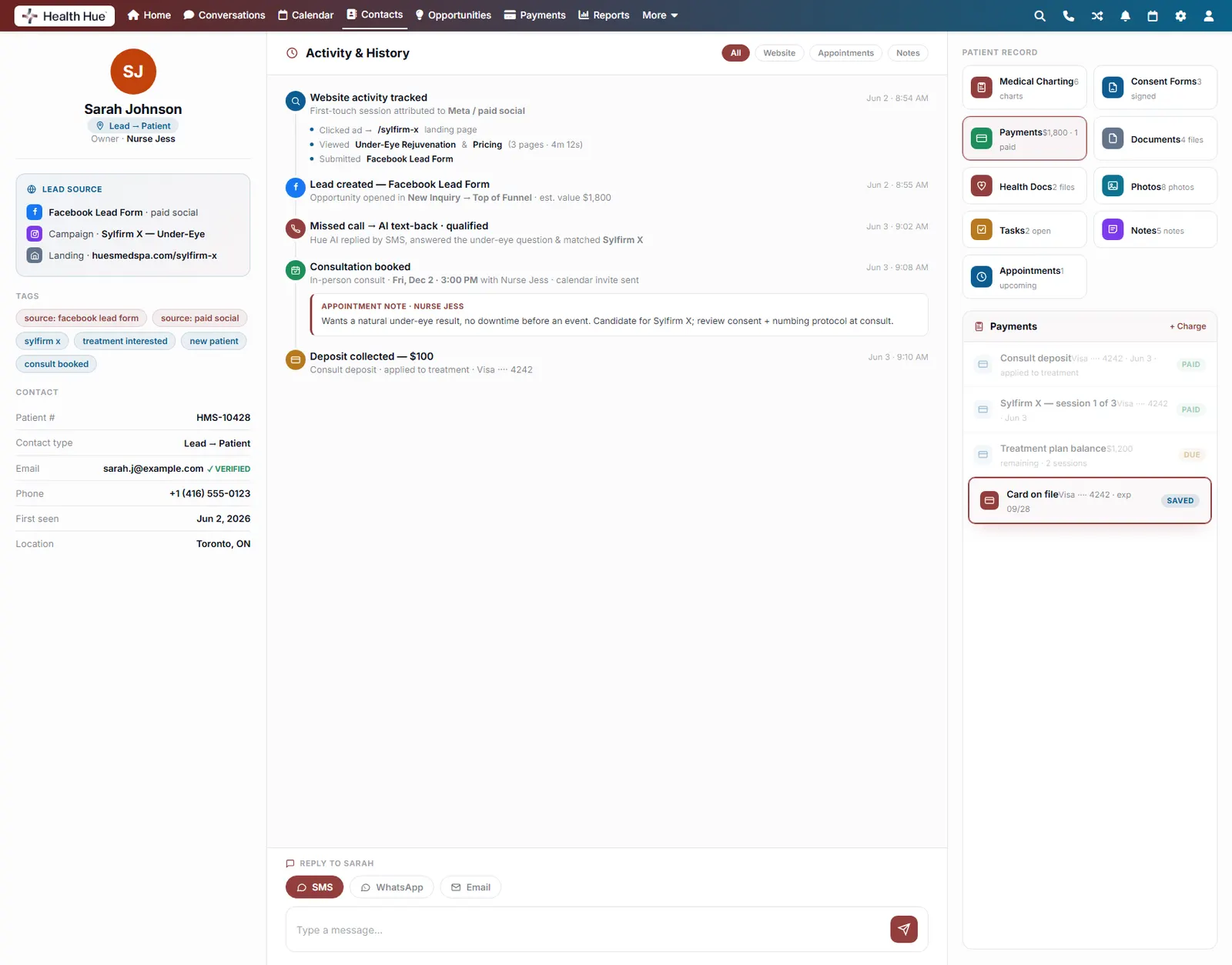 The Payments panel with the card on file highlighted, a saved Visa for future charges.