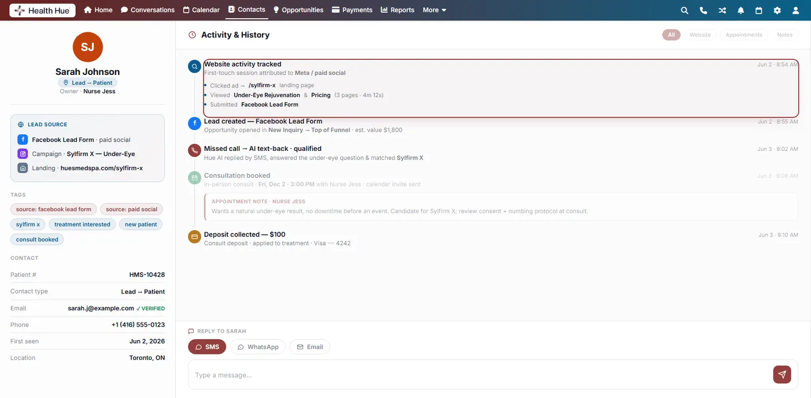 The activity timeline with the auto-logged website-tracking event highlighted, ad click, pages viewed, and lead form captured automatically.