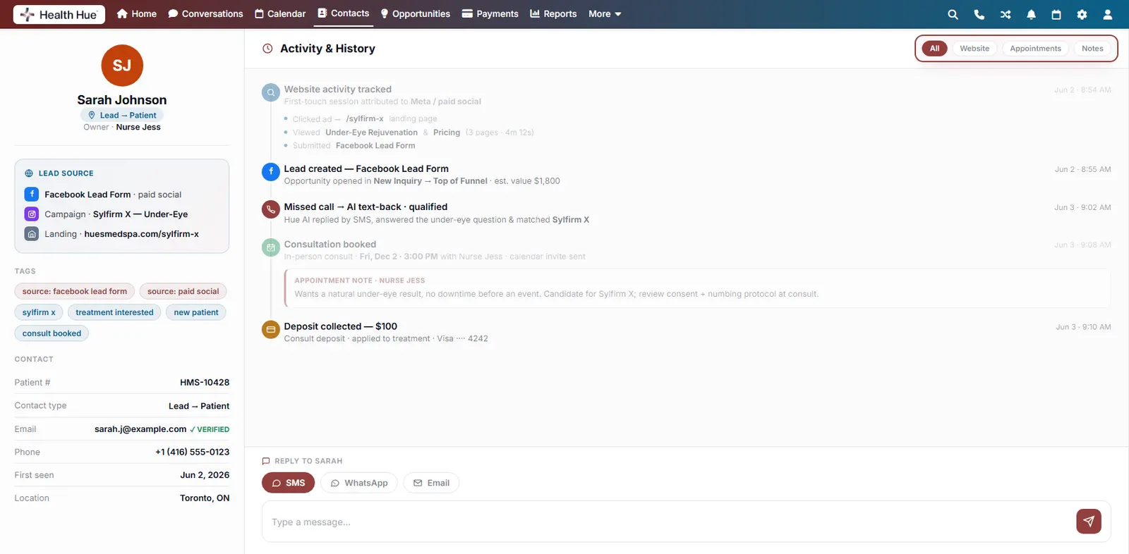 The activity timeline with the filter pills highlighted, the feed filtered by website, appointments, or notes.