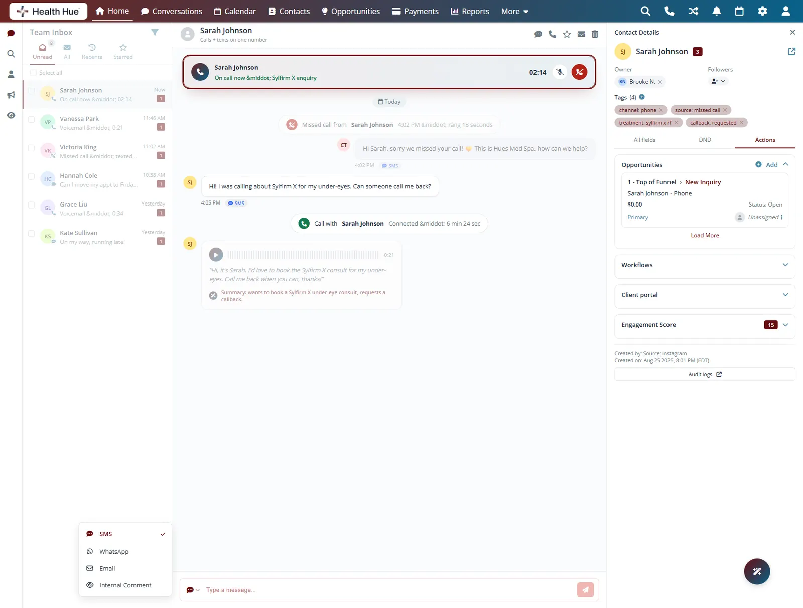 The Health Hue Hub inbox on a live call with a patient, the active-call banner with the caller name and timer highlighted.