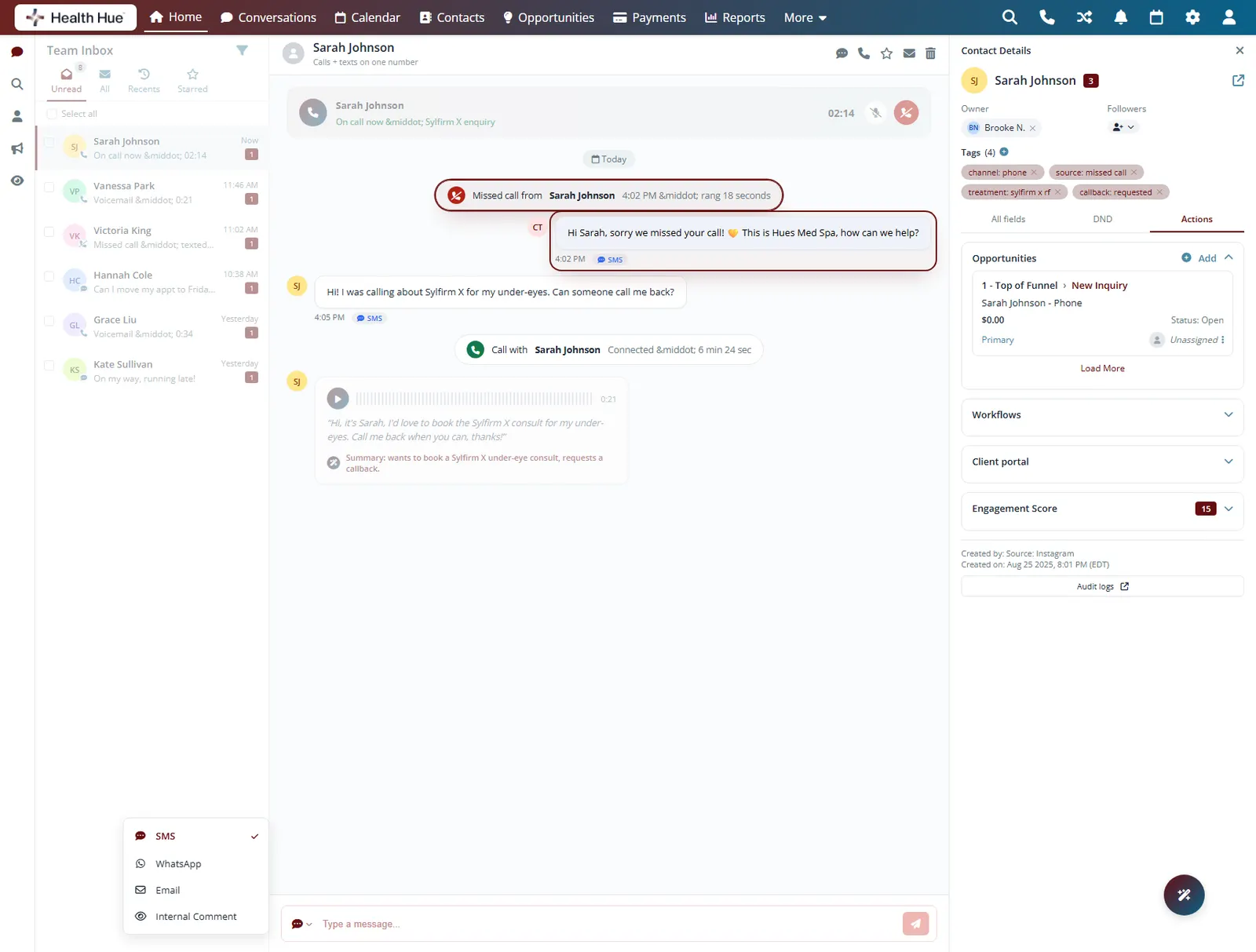 The Health Hue Hub inbox showing a missed call and the automatic text-back reply highlighted in the thread.