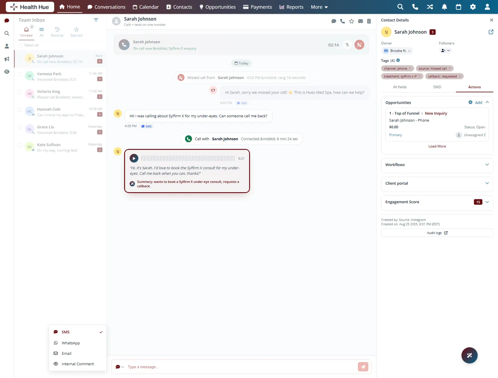 The Health Hue Hub inbox with a voicemail card highlighted, showing the transcript and an AI summary of the message.